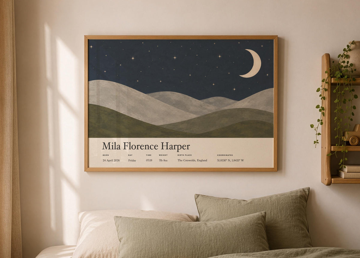 Personalised Birth Story Print | Moon Stars Nursery Wall Art | Framed or Unframed