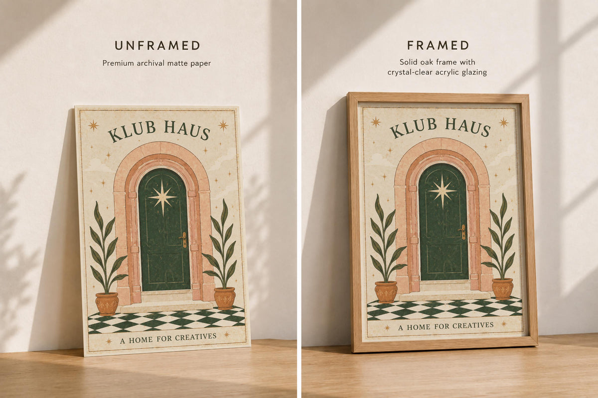 Klub Haus Print | Mediterranean Folk Art Illustration, Archway Star Door Decor | Framed or Unframed