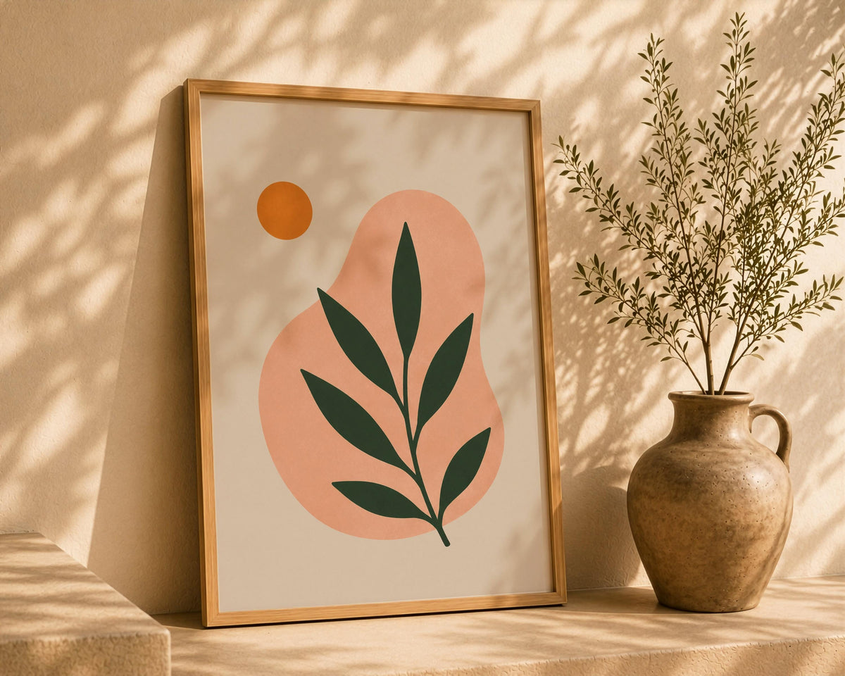 Terra Botanical Leaf Print | Abstract Mediterranean Wall Art, Scandinavian Decor | Framed or Unframed