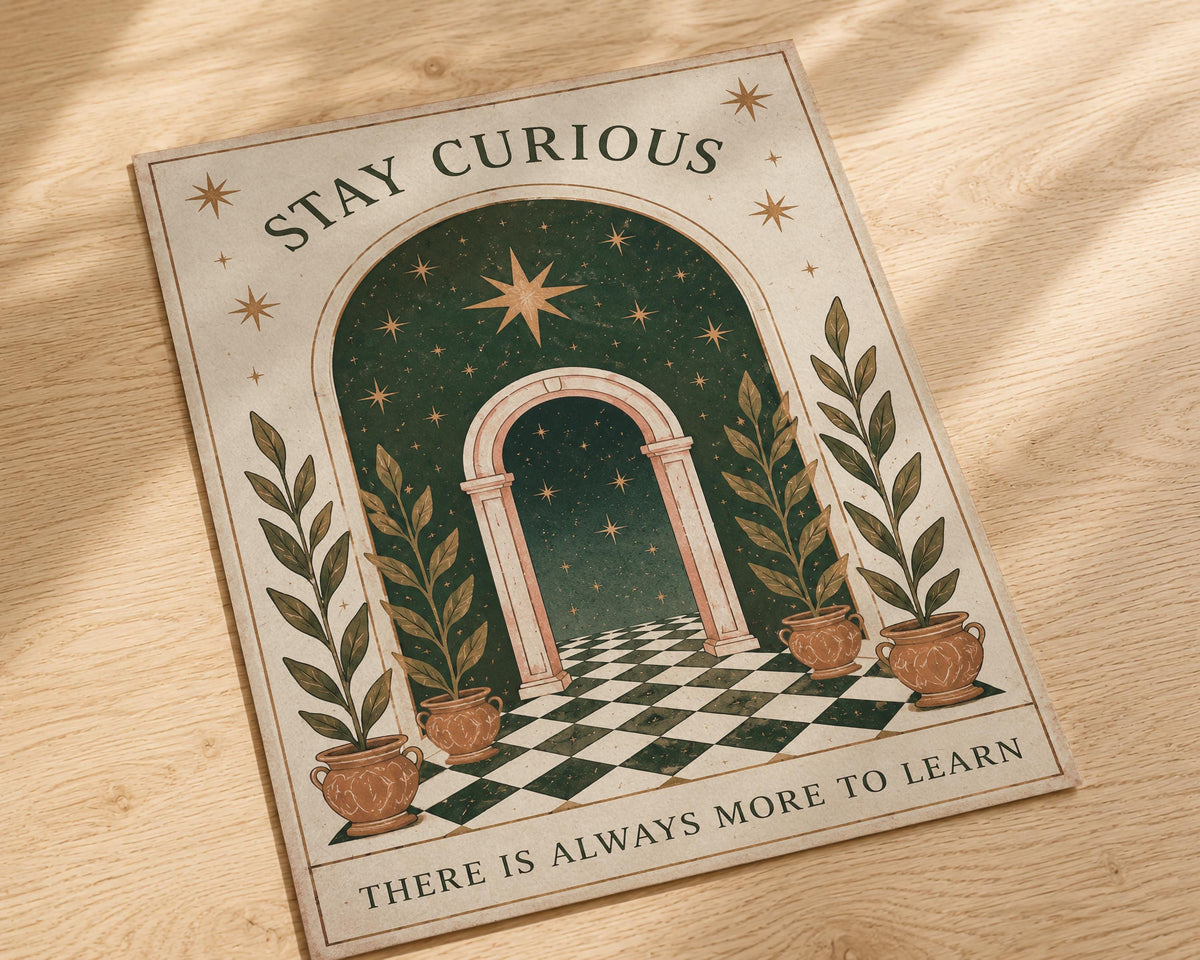 Stay Curious Folk Art Print | Celestial Nursery Wall Art, Botanical Illustration, Framed or Unframed