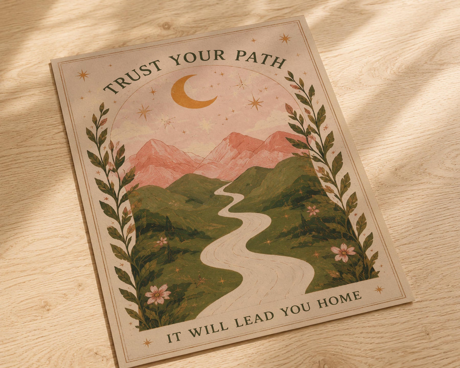 Celestial Mountain Nursery Print | Positive Message Folk Art Illustration, Moonlit Path | Framed or Unframed