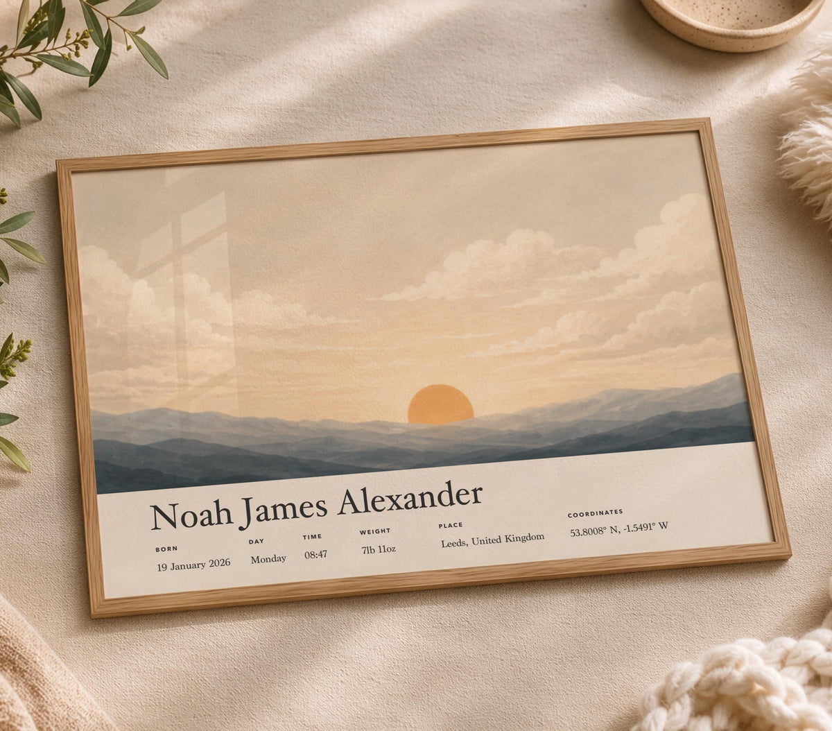 Personalised Birth Story Print | Sunrise Sunset Seascape Nursery Wall Art | Framed or Unframed