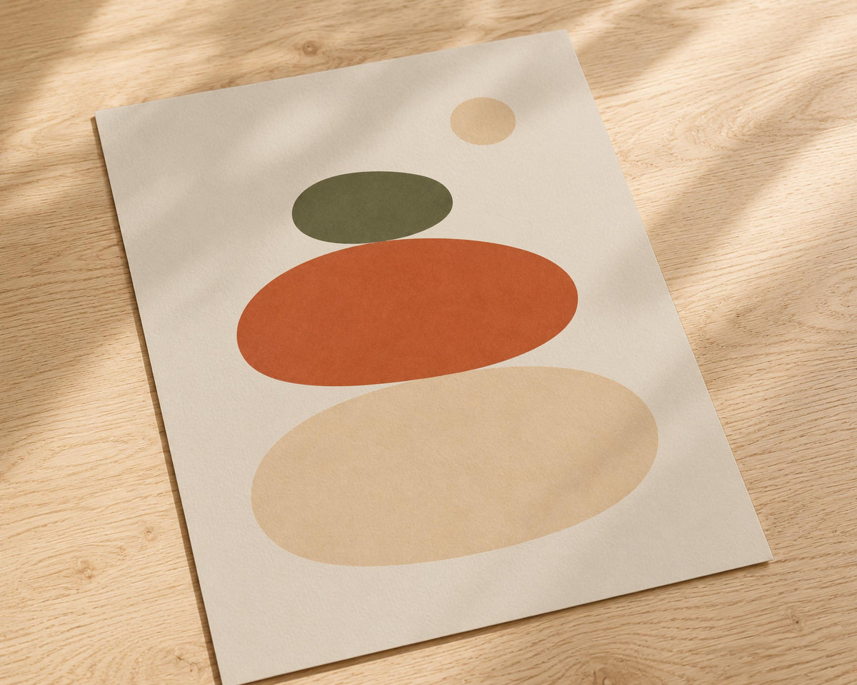 Balance Abstract Stacked Stones Print | Terracotta Olive Minimalist Wall Art | Framed or Unframed