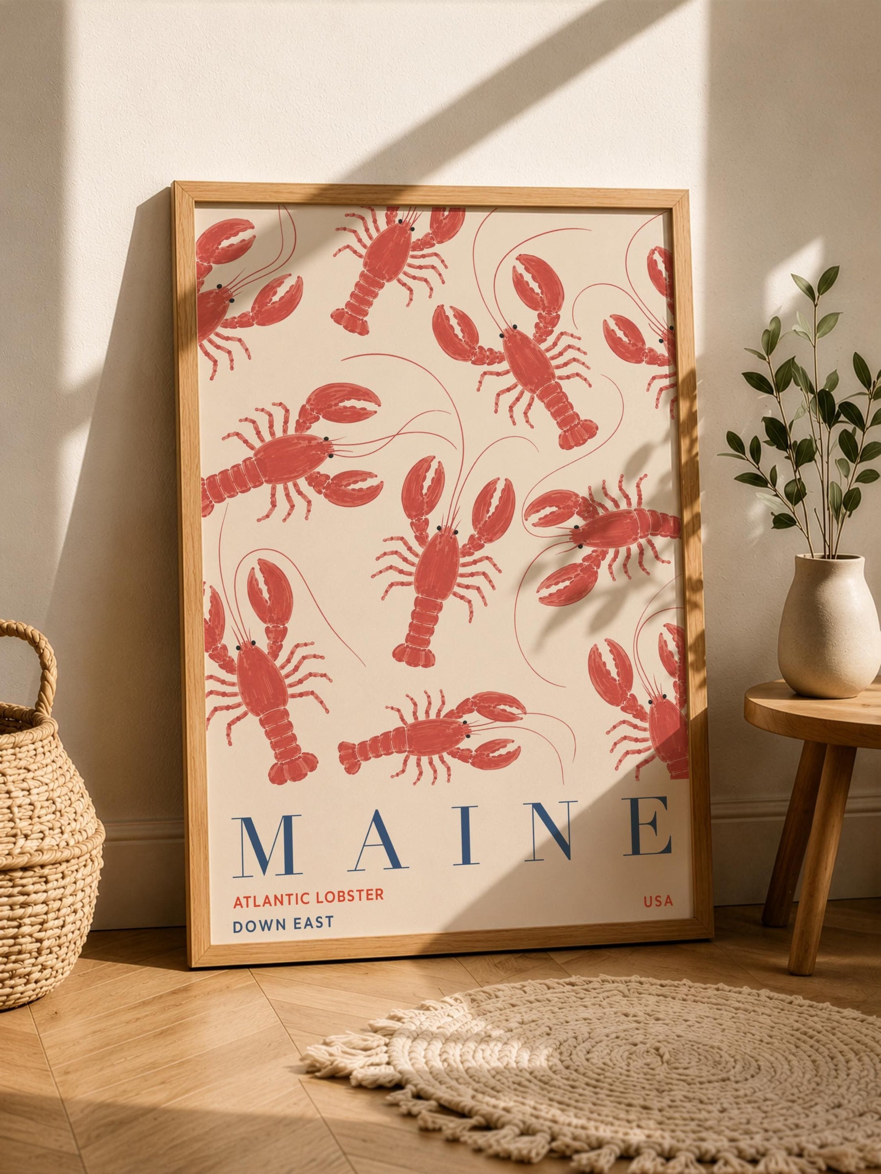 Maine Lobster Print | Coastal New England Travel Poster, Hand-Painted Nautical Art | Framed or Unframed