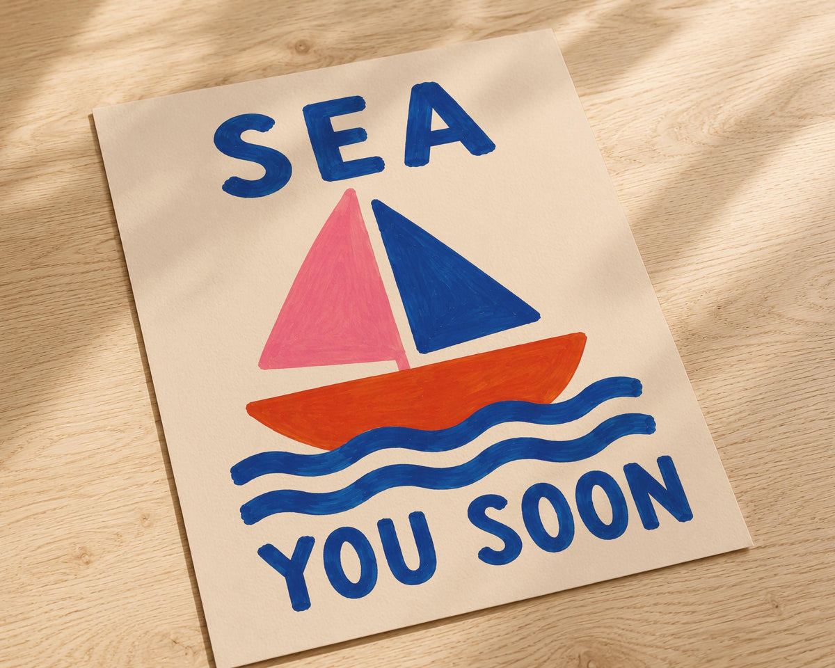 Sea You Soon Sailboat Print | Bold Hand-Painted Coastal Wall Art | Framed or Unframed