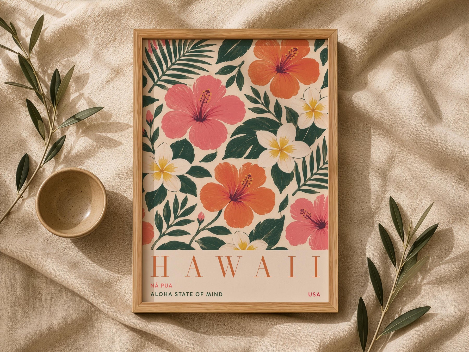 Hawaii Hibiscus Floral Travel Poster | Hand-Painted Tropical Aloha Decor | Framed or Unframed