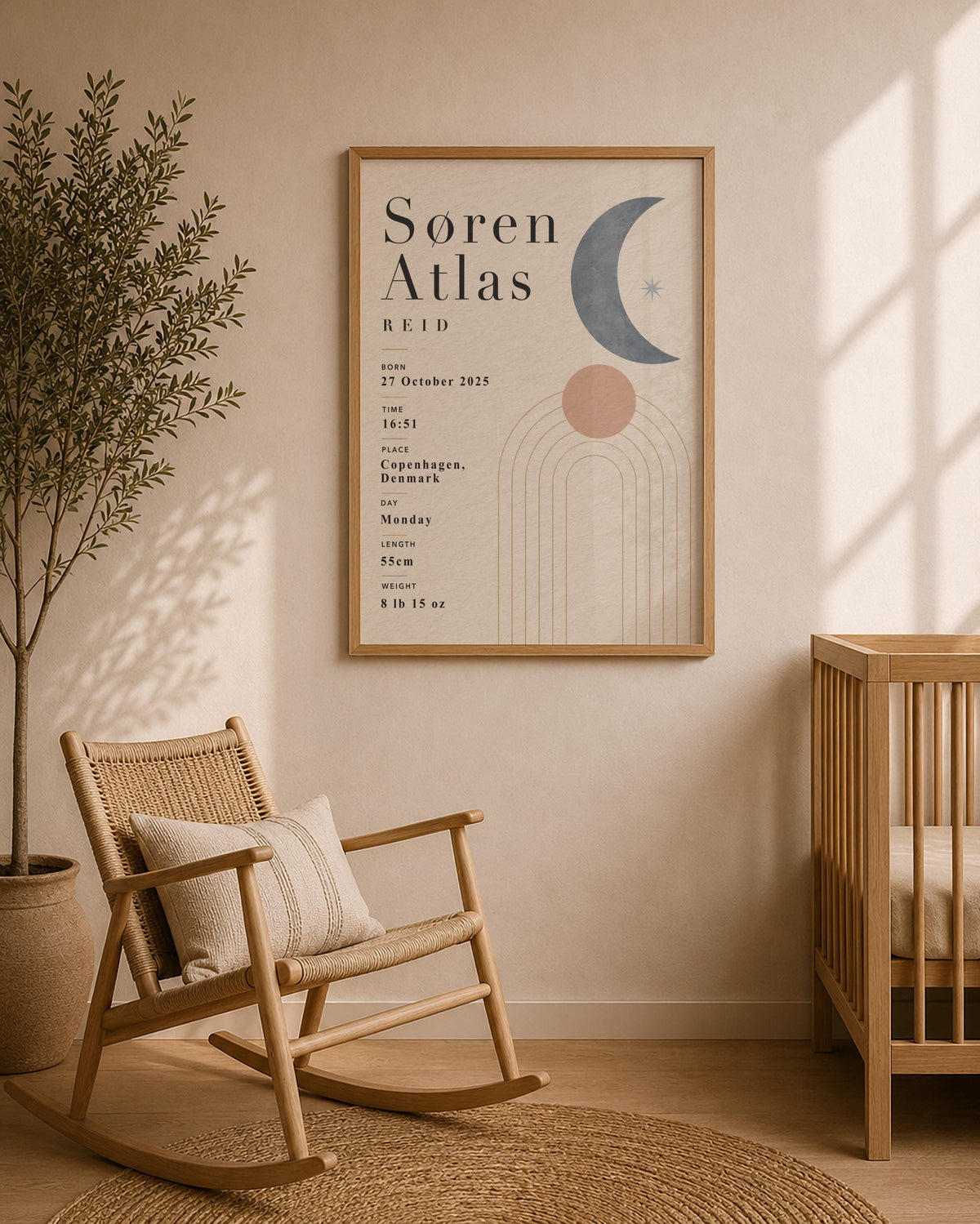 Personalised Moon Birth Record Print | Modern Nursery Wall Art | Framed or Unframed