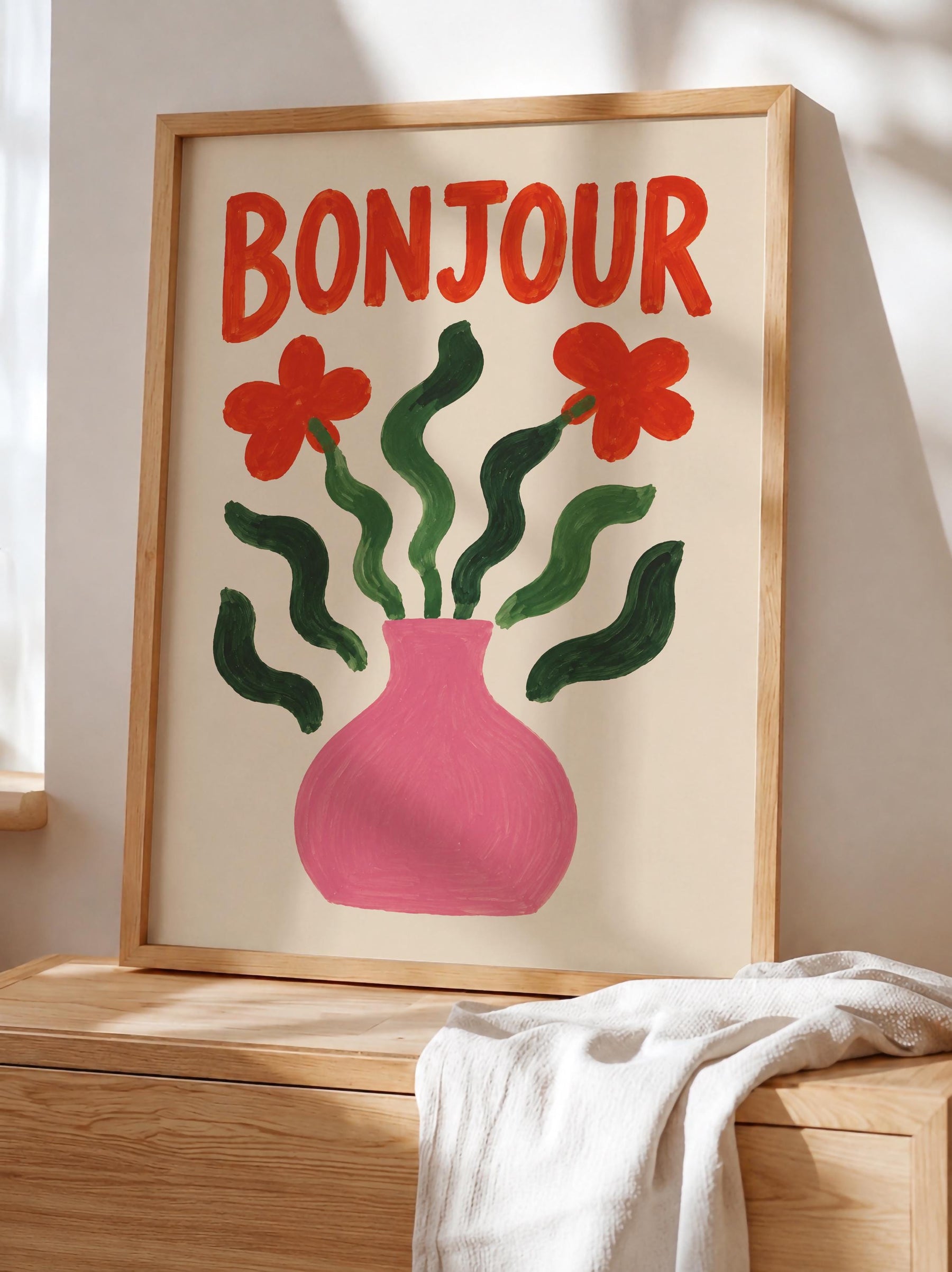 Bonjour Floral Art Print | Hand-Painted Botanical Flower Vase Wall Art | Framed or Unframed