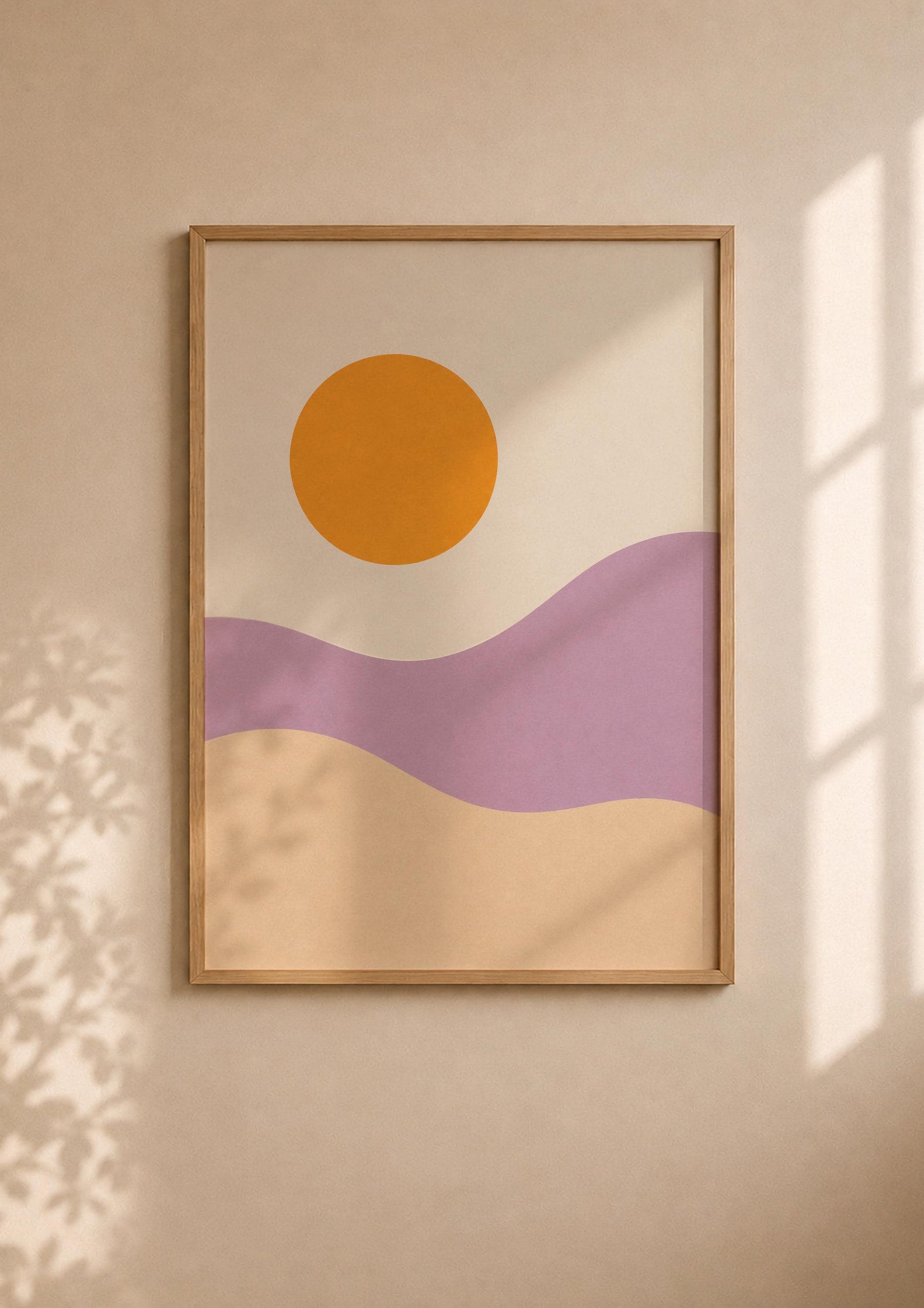 Desert Dunes Abstract Print | Minimalist Lilac Hills, Golden Sun Wall Art | Framed or Unframed
