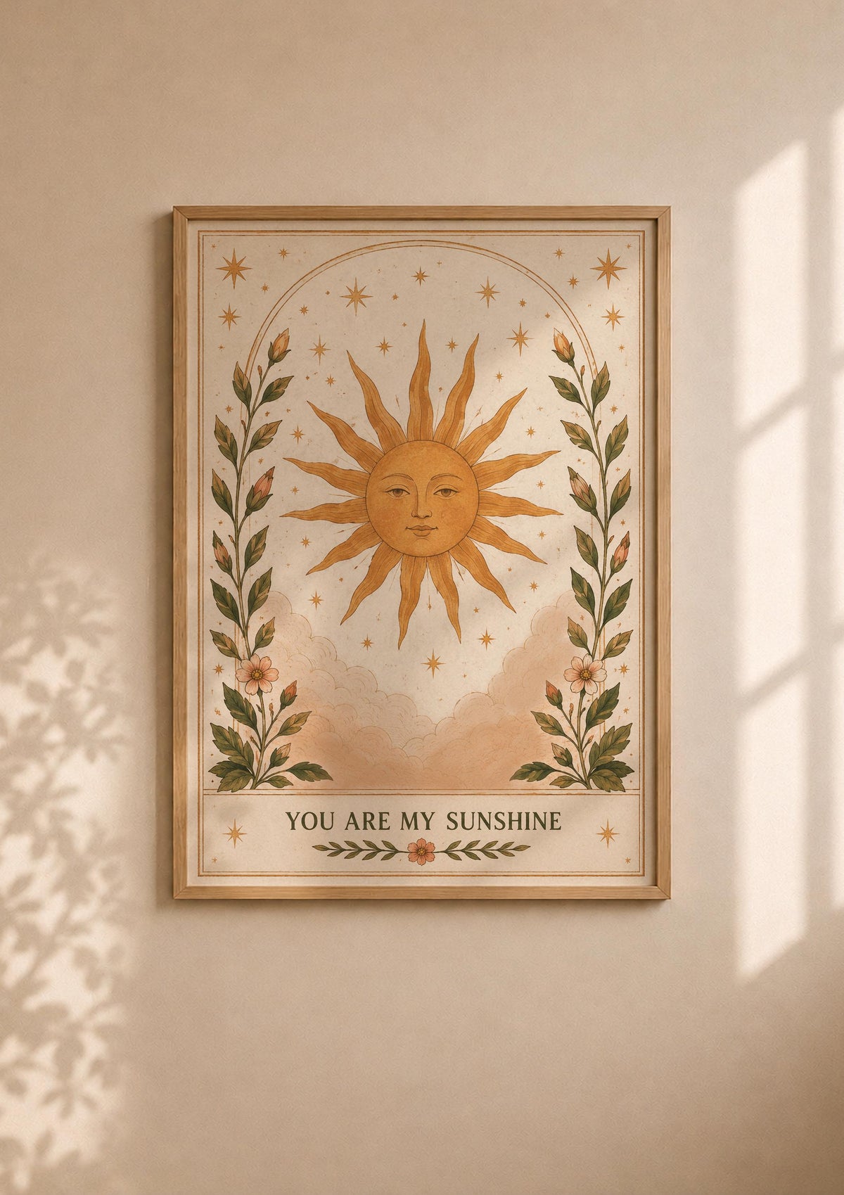 Celestial Sun Print | Positive Message Folk Art Illustration, Botanical Wall Art | Framed or Unframed