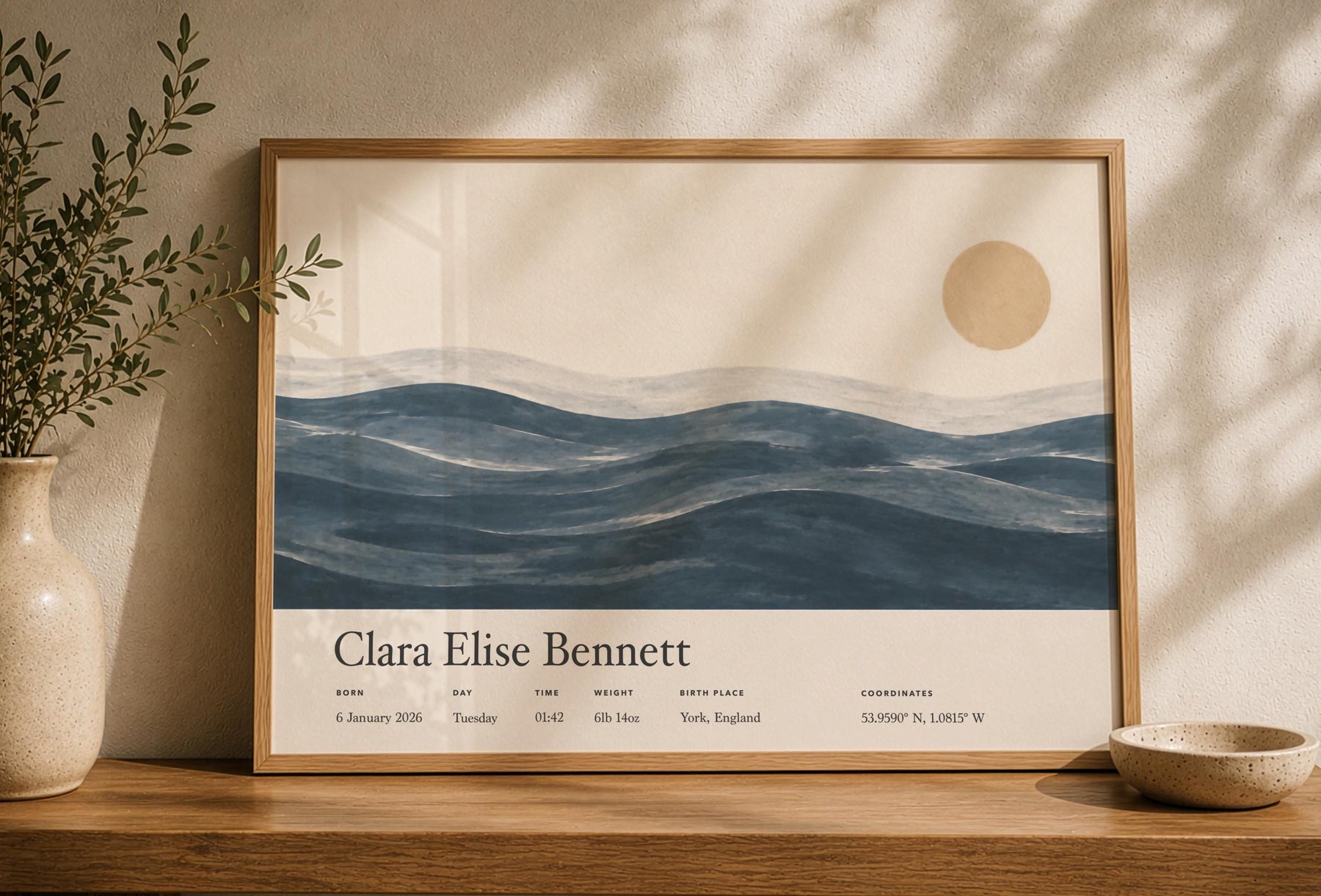 Personalised Birth Story Landscape Print | Ocean Seascape Nursery Wall Art | Framed or Unframed