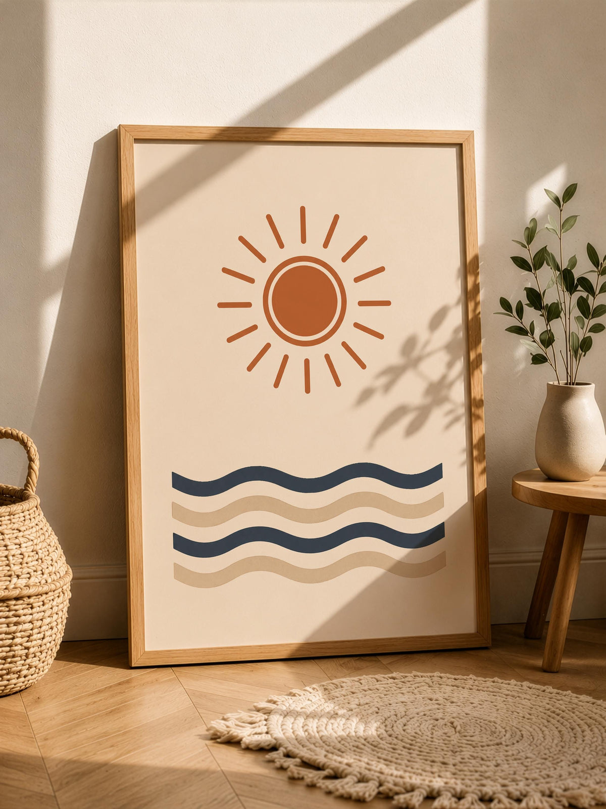 Sun and Waves Print | Coastal Minimalist Beach House Wall Art | Framed or Unframed