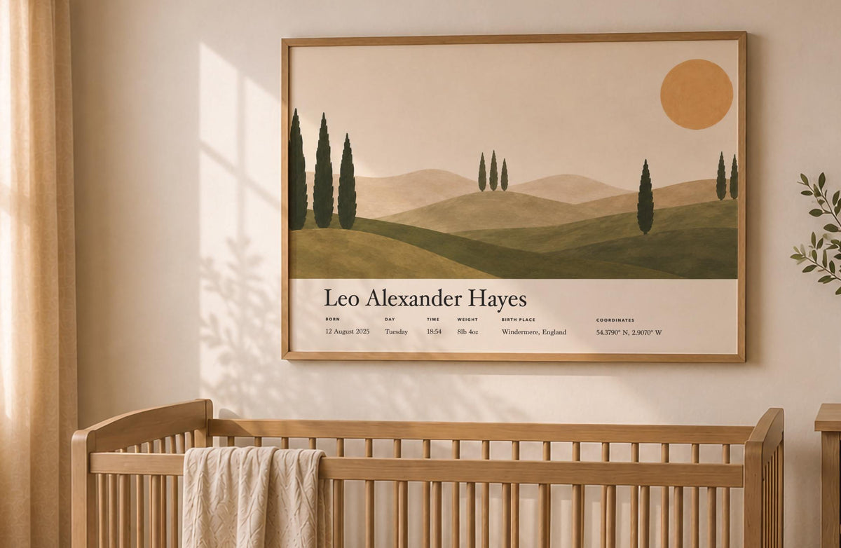 Personalised Birth Story Landscape Print | Mediterranean Nursery Wall Art | Framed or Unframed