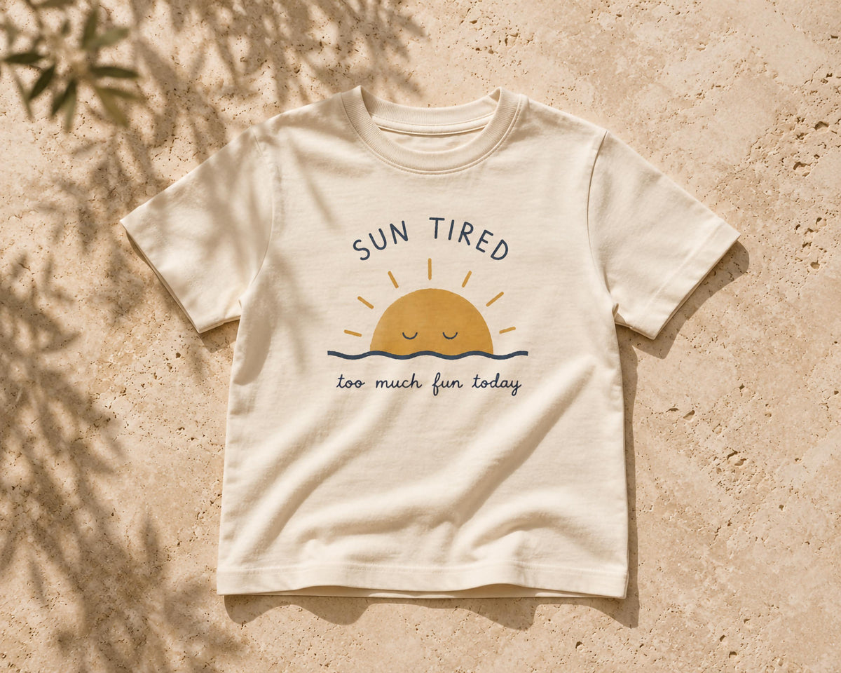 Sun Tired Kids T-Shirt - Organic Cotton Children’s Sunshine Graphic Tee, Summer Kids Clothing