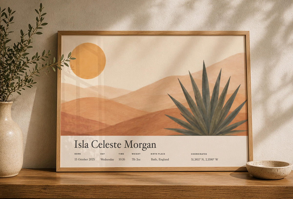 Personalised Birth Story Print | Agave Desert Landscape Nursery Art | Framed or Unframed