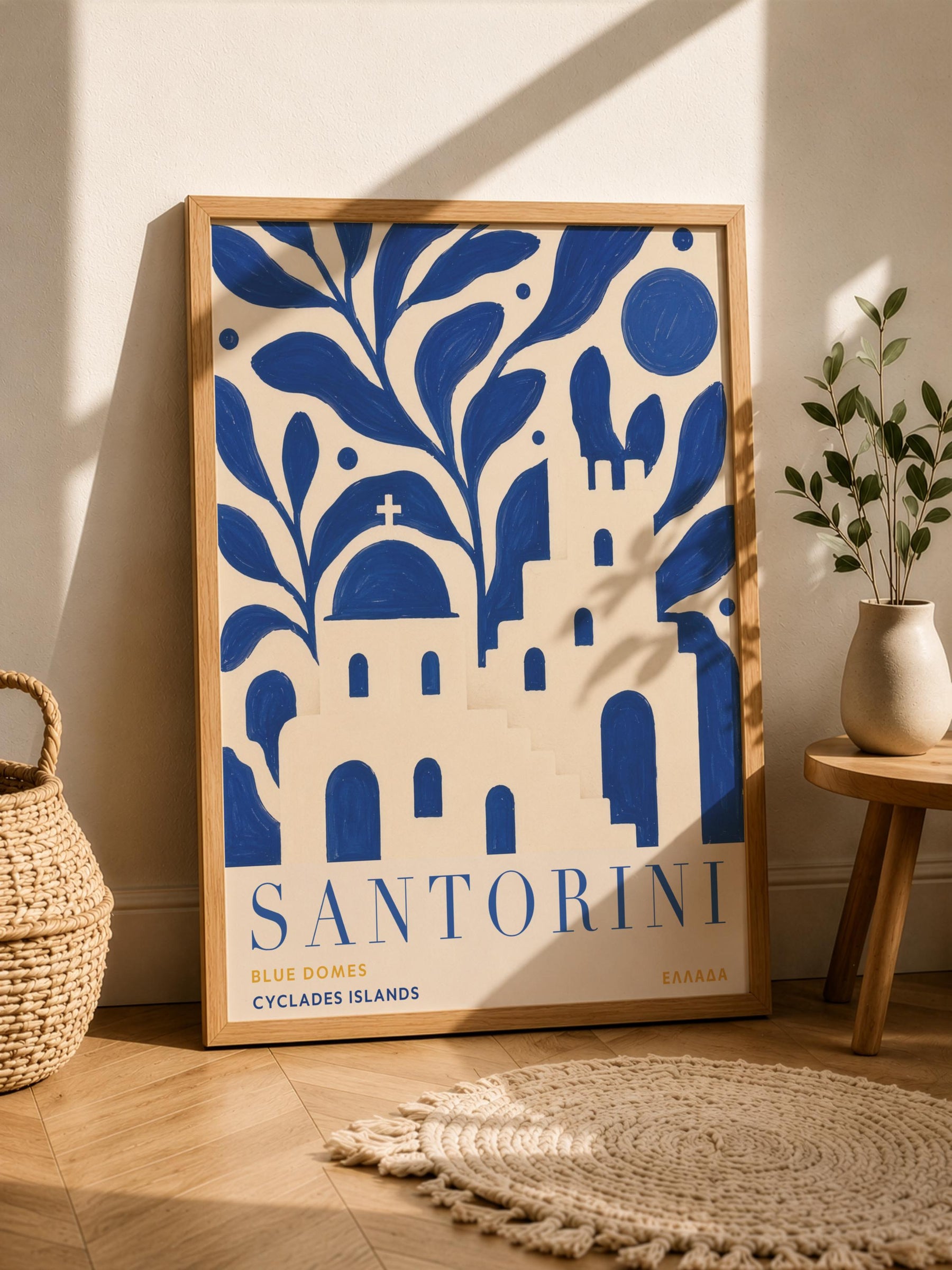 Santorini Blue Domes Print | Greek Island Travel Poster, Cyclades Illustration | Framed or Unframed