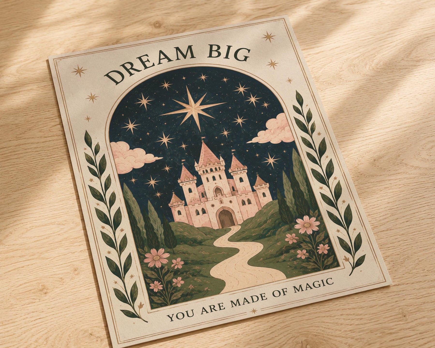 Dream Big Celestial Pink Castle Illustrated Print | Fairytale Wall Art | Framed or Unframed