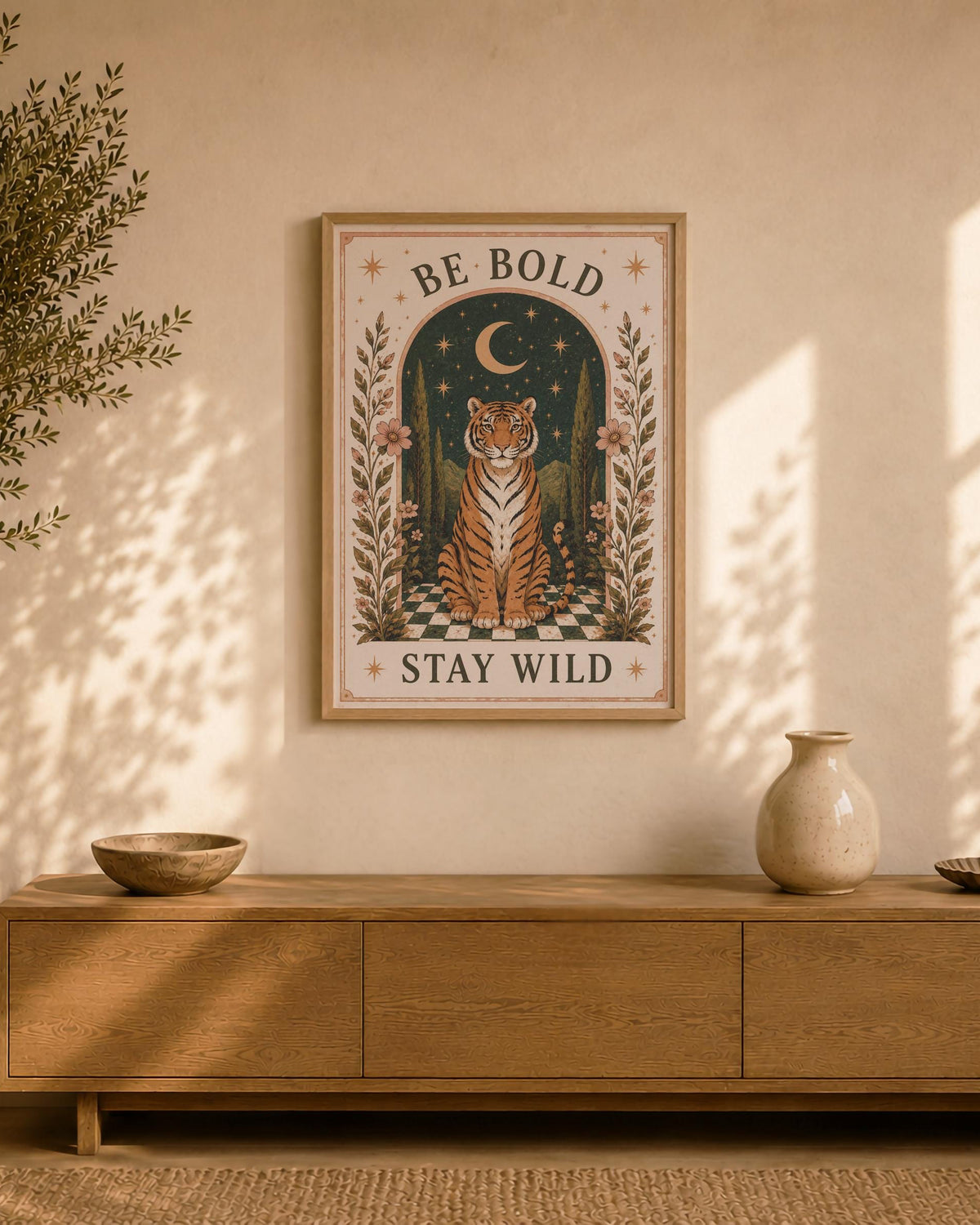 Be Bold Stay Wild Tiger Folk Art Print | Inspirational Moonlit Landscape Wall Decor | Framed or Unframed