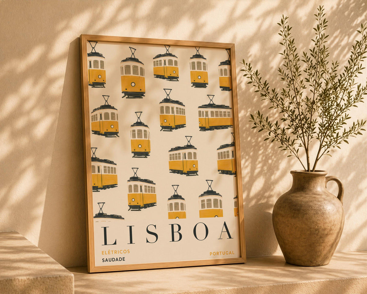 Lisbon Print | Yellow Tram Wall Art, Hand-Painted Portugal Travel Poster | Framed or Unframed
