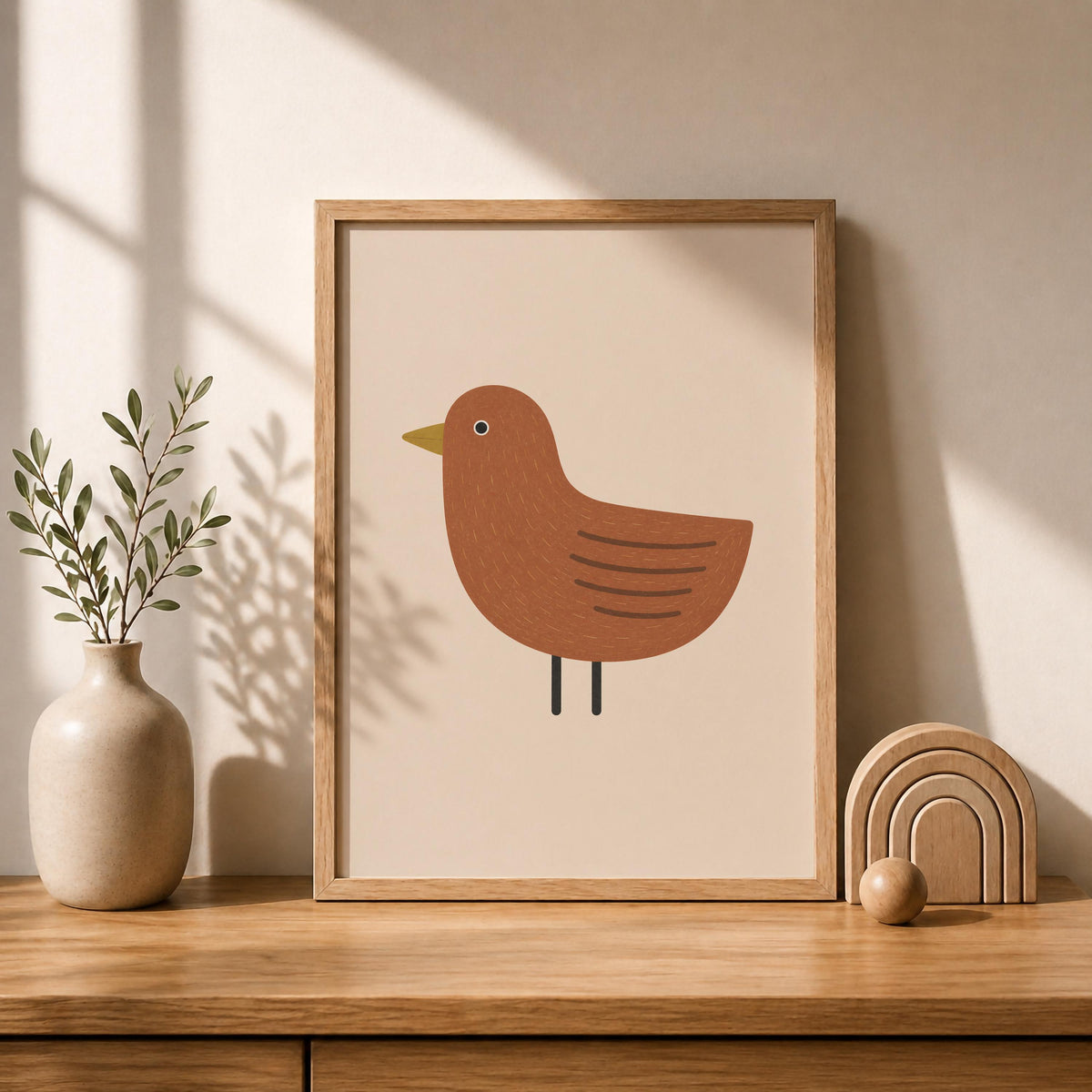 Hand-Painted Bird Print | Scandinavian Folk Art, Neutral Nursery Decor | Framed or Unframed