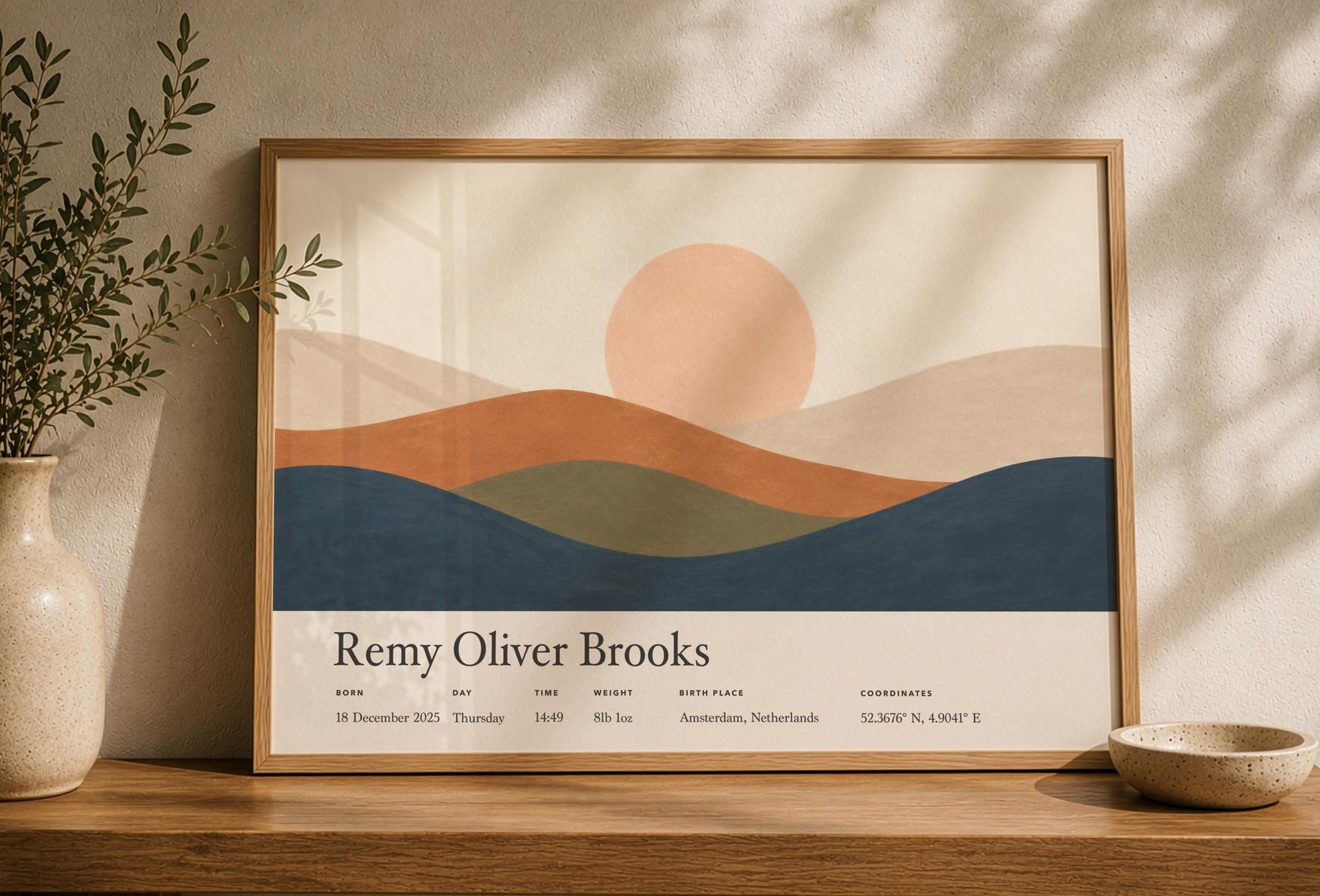 Personalised Birth Story Landscape Print | Rolling Hills Sunrise Nursery Art | Framed or Unframed