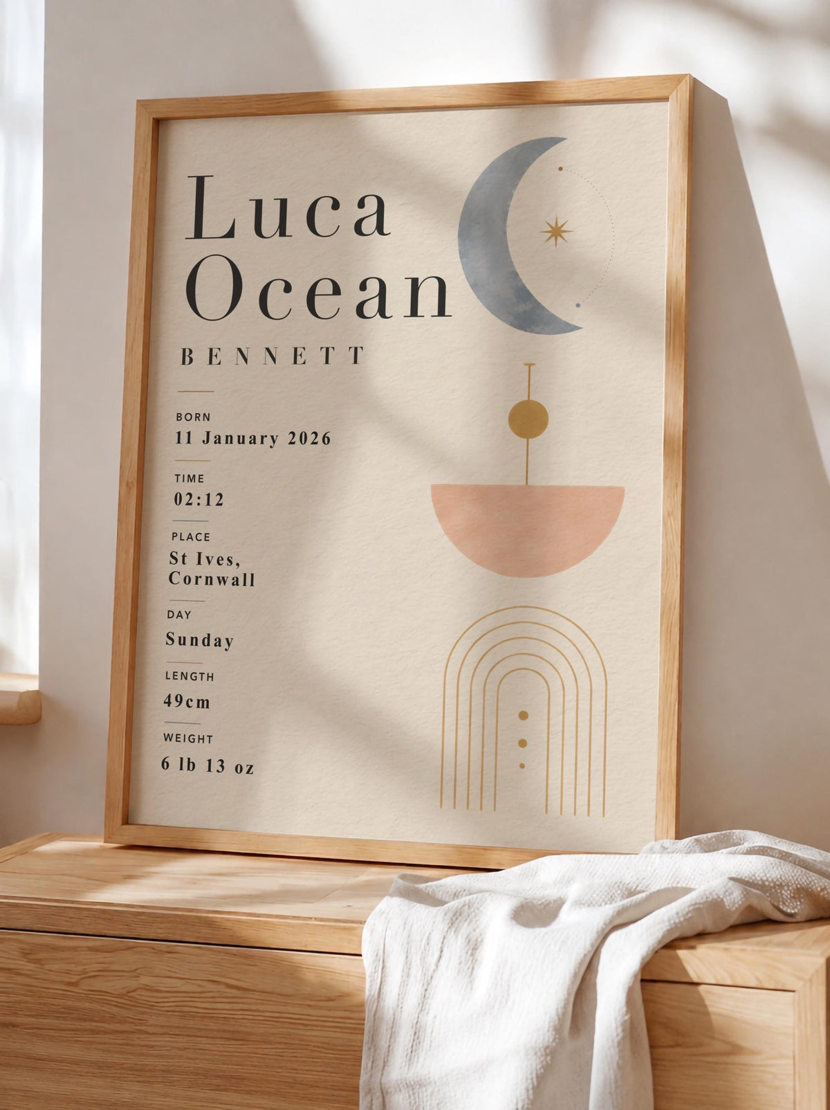 Personalised Celestial Birth Record Print | Modern Nursery Wall Art | Framed or Unframed