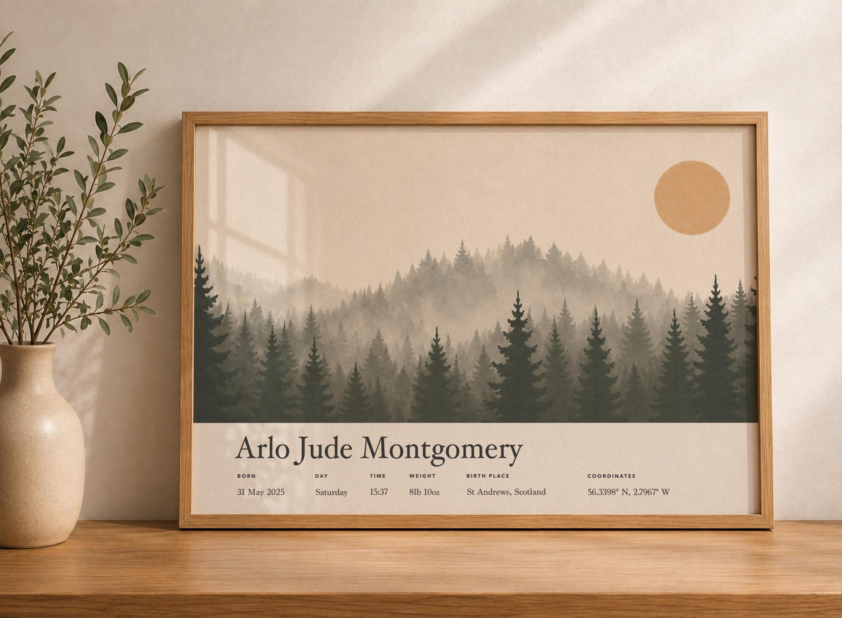 Personalised Birth Story Landscape Print | Forest Hills Nursery Wall Art | Framed or Unframed