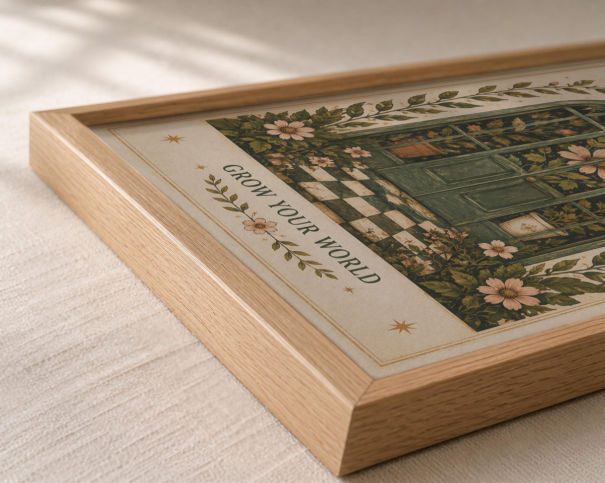 Grow Your World Botanical Greenhouse Print | Inspirational Folk Art Celestial Wall Decor | Framed or Unframed