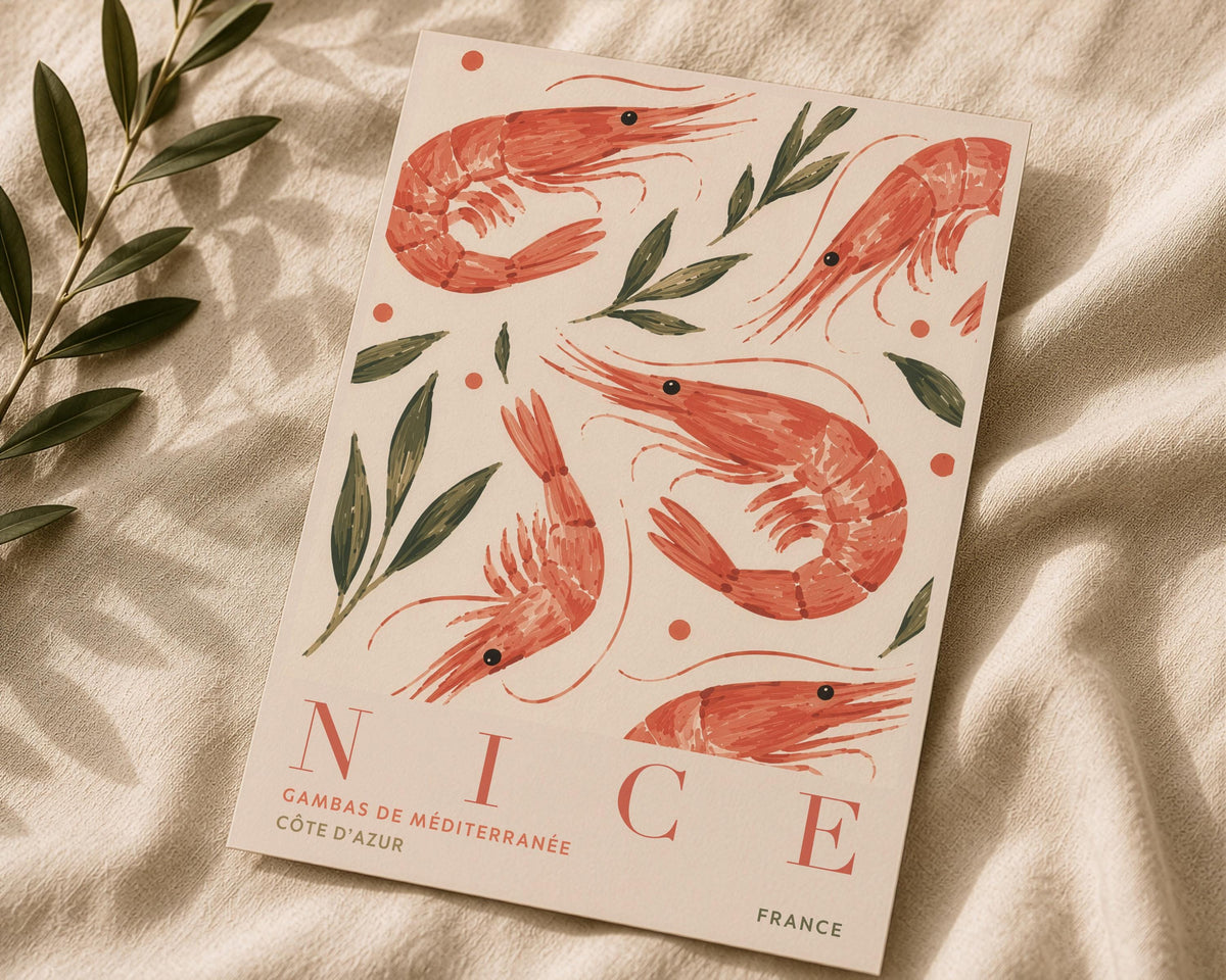 Nice France Travel Poster | Hand-Painted Shrimp, Côte d’Azur Coastal Art | Framed or Unframed