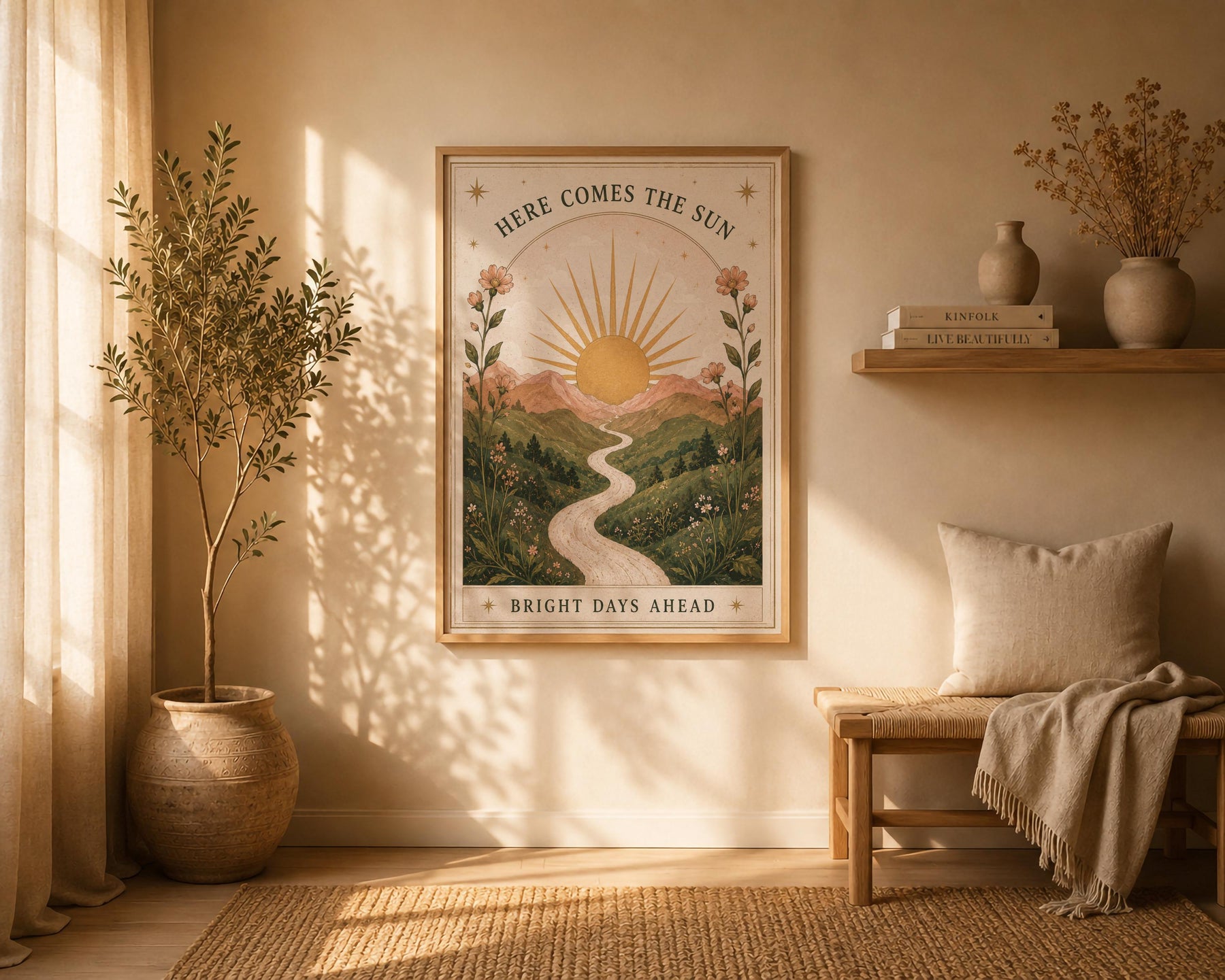 Here Comes the Sun Print | Inspirational Nursery Wall Art, Celestial Folk Art, Framed or Unframed