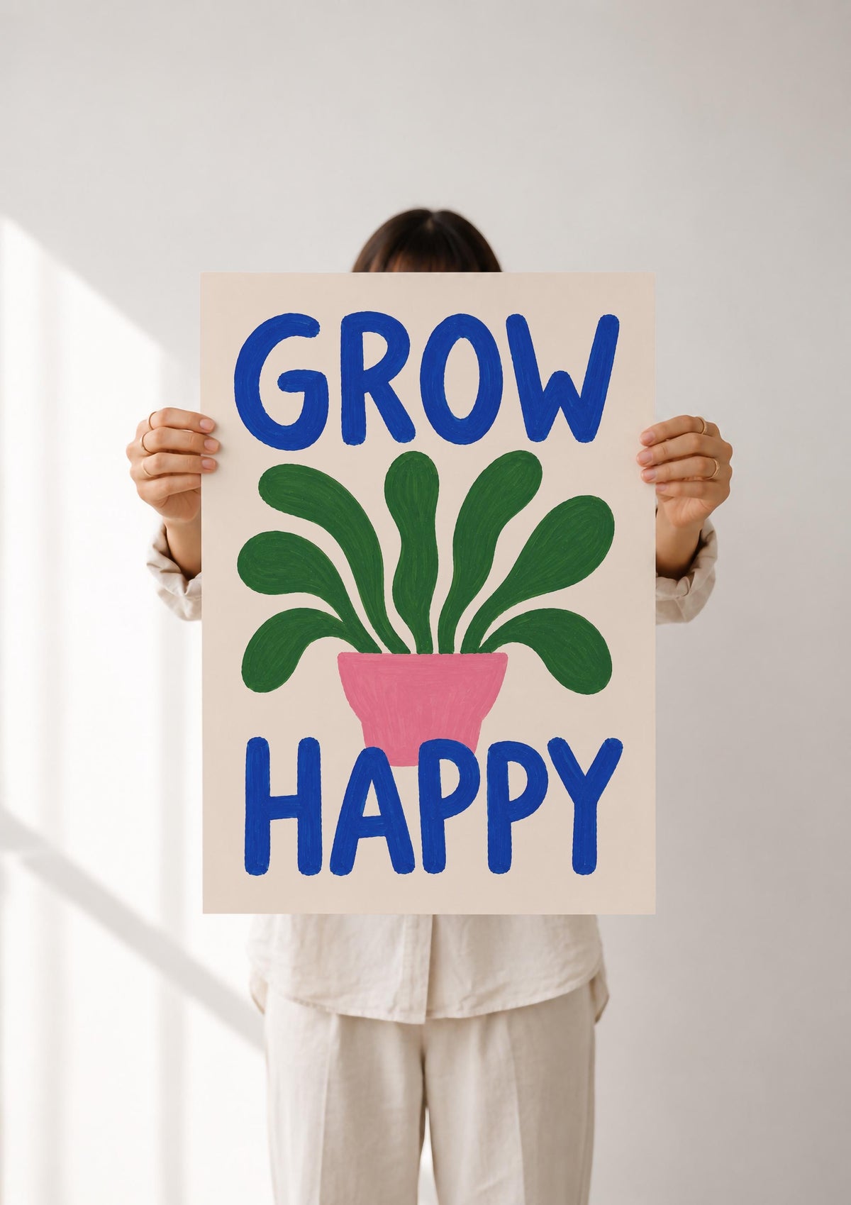 Grow Happy Hand-Painted Botanical Print | Inspirational Wall Art | Framed or Unframed