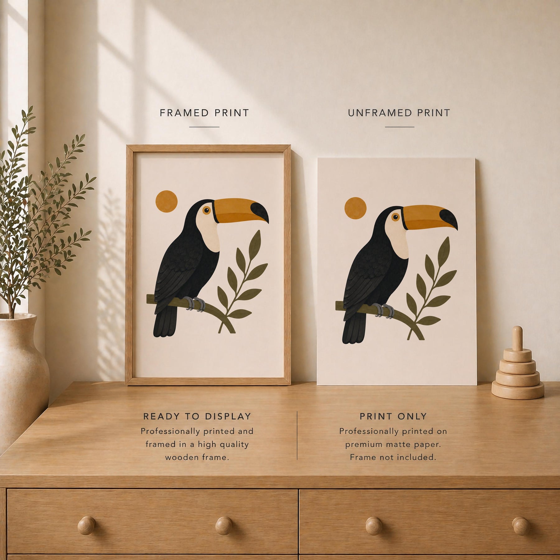 Personalised Toucan Nursery Print, Modern Playroom Tropical Bird Wall Art, Framed or Unframed Poster