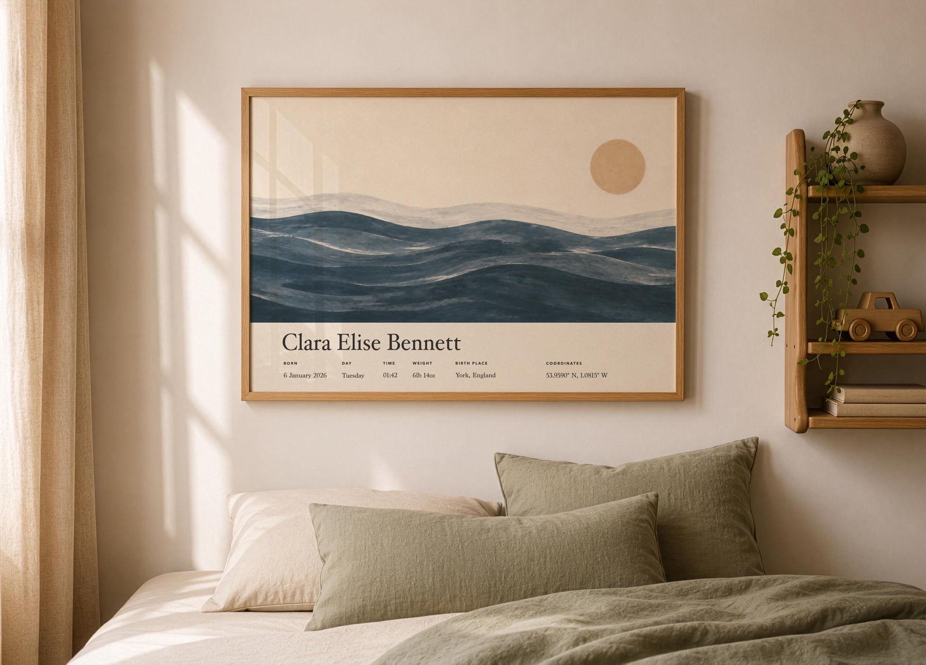 Personalised Birth Story Landscape Print | Ocean Seascape Nursery Wall Art | Framed or Unframed