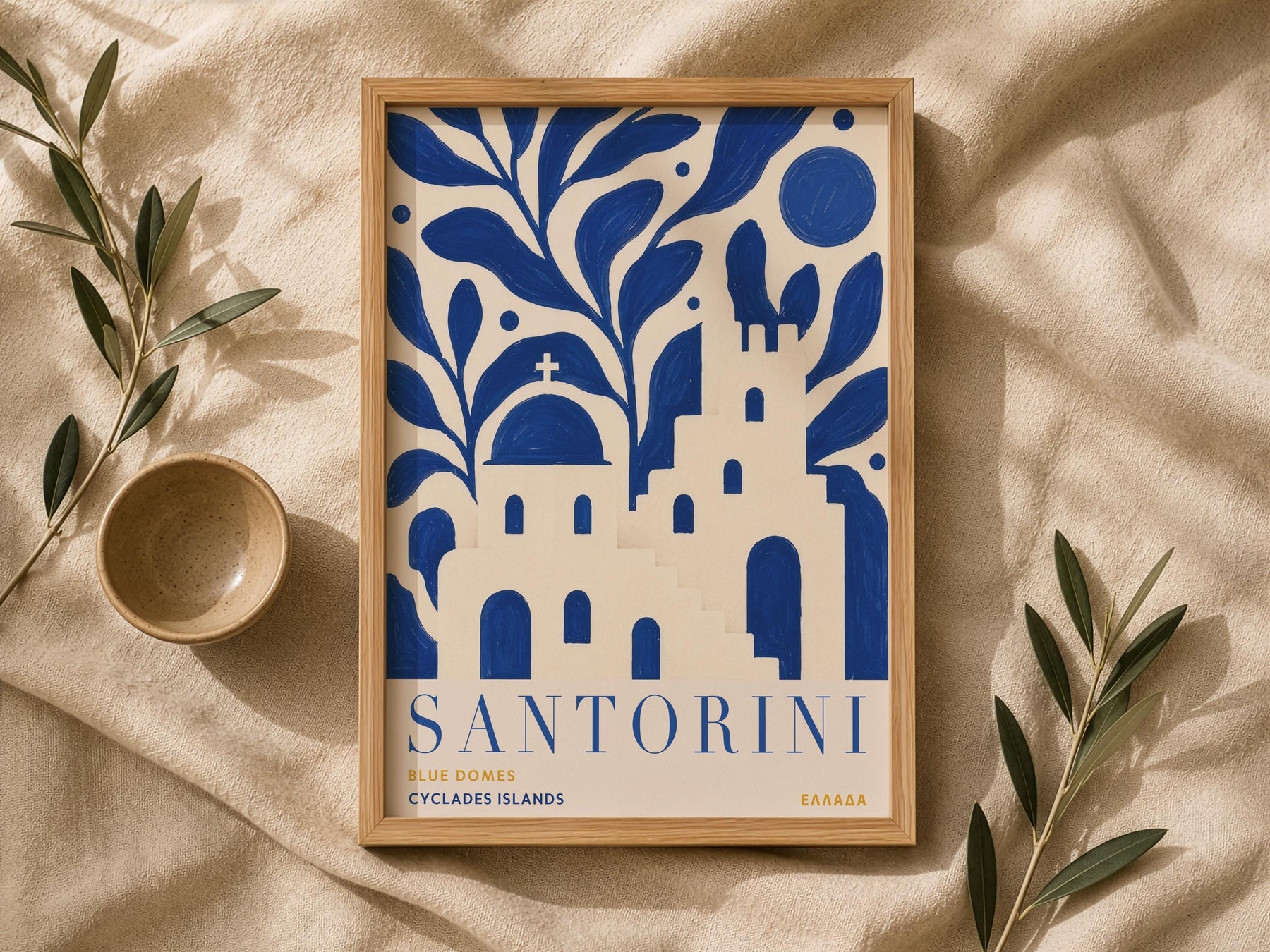 Santorini Blue Domes Print | Greek Island Travel Poster, Cyclades Illustration | Framed or Unframed