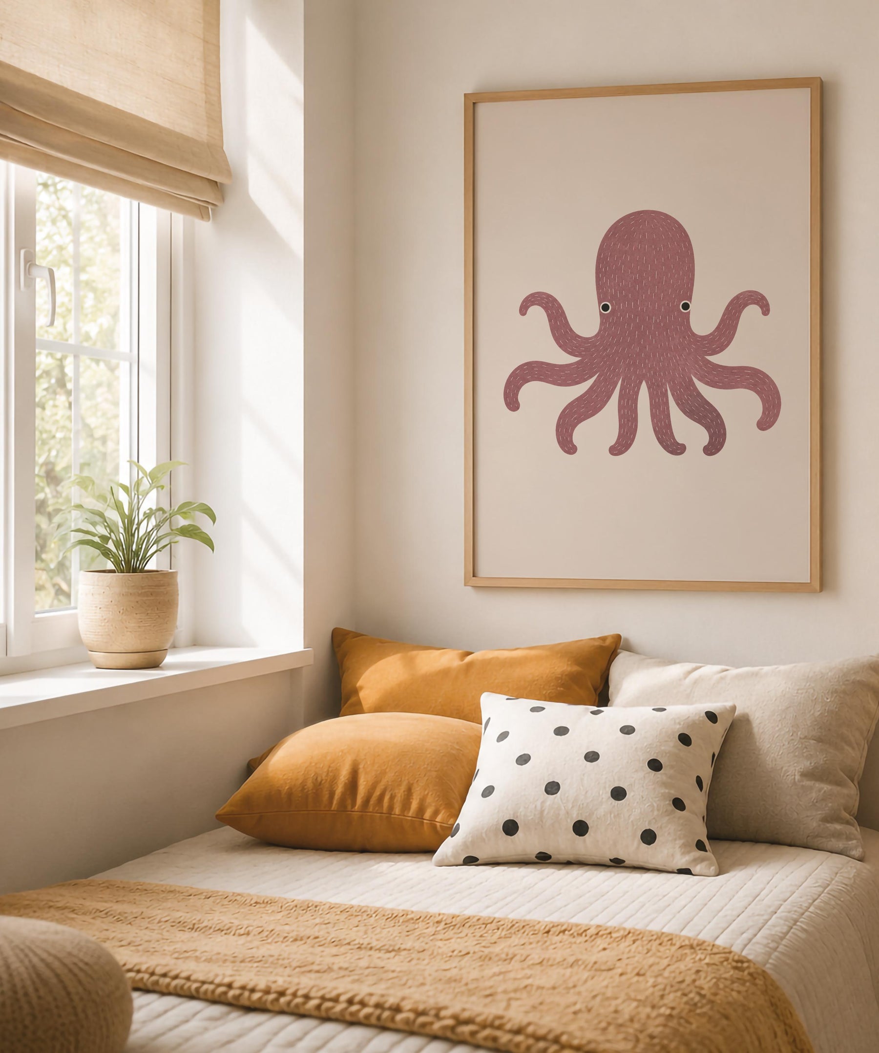 Hand-Painted Octopus Print | Minimalist Scandinavian Coastal Nursery Decor | Framed or Unframed