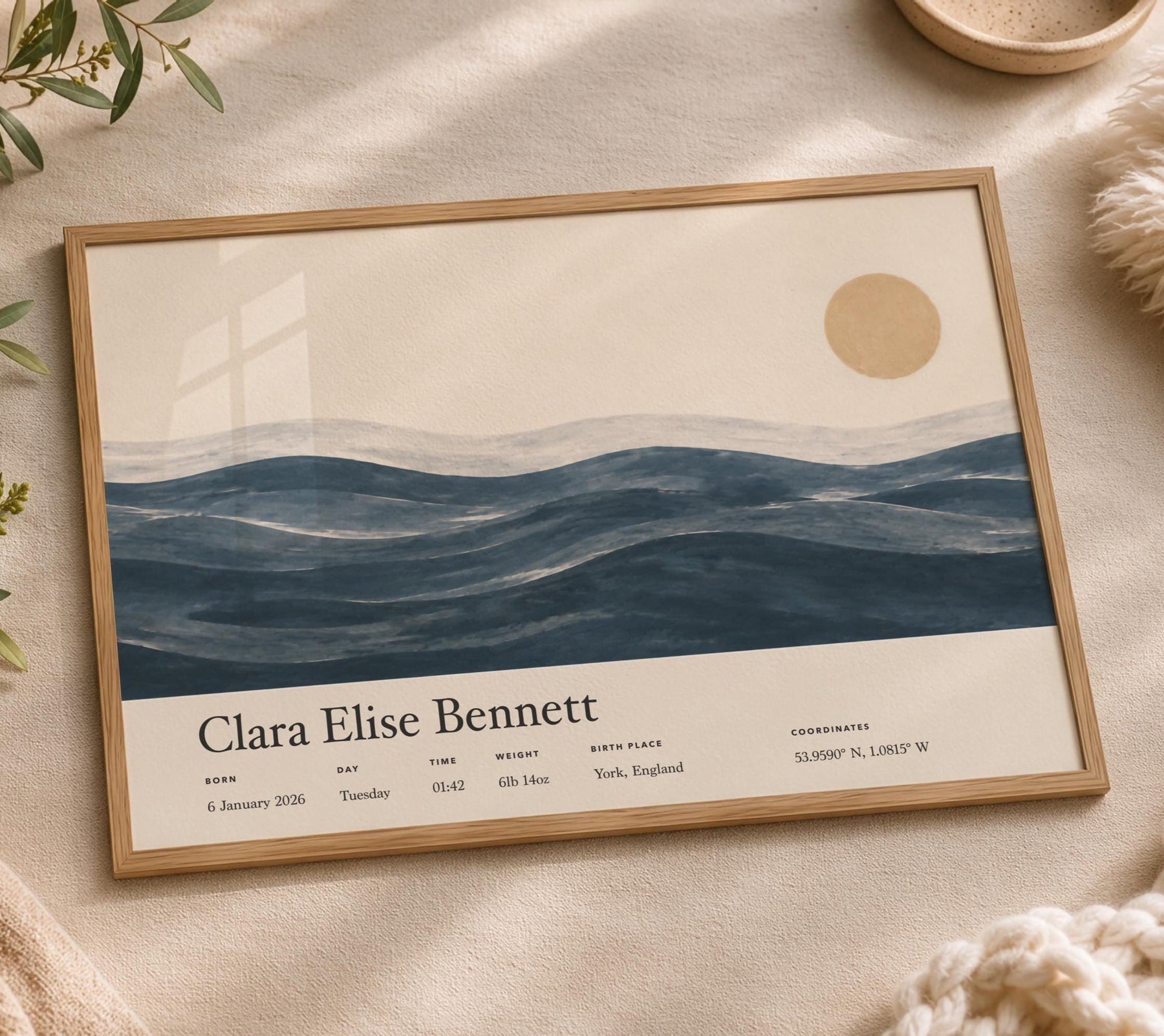 Personalised Birth Story Landscape Print | Ocean Seascape Nursery Wall Art | Framed or Unframed
