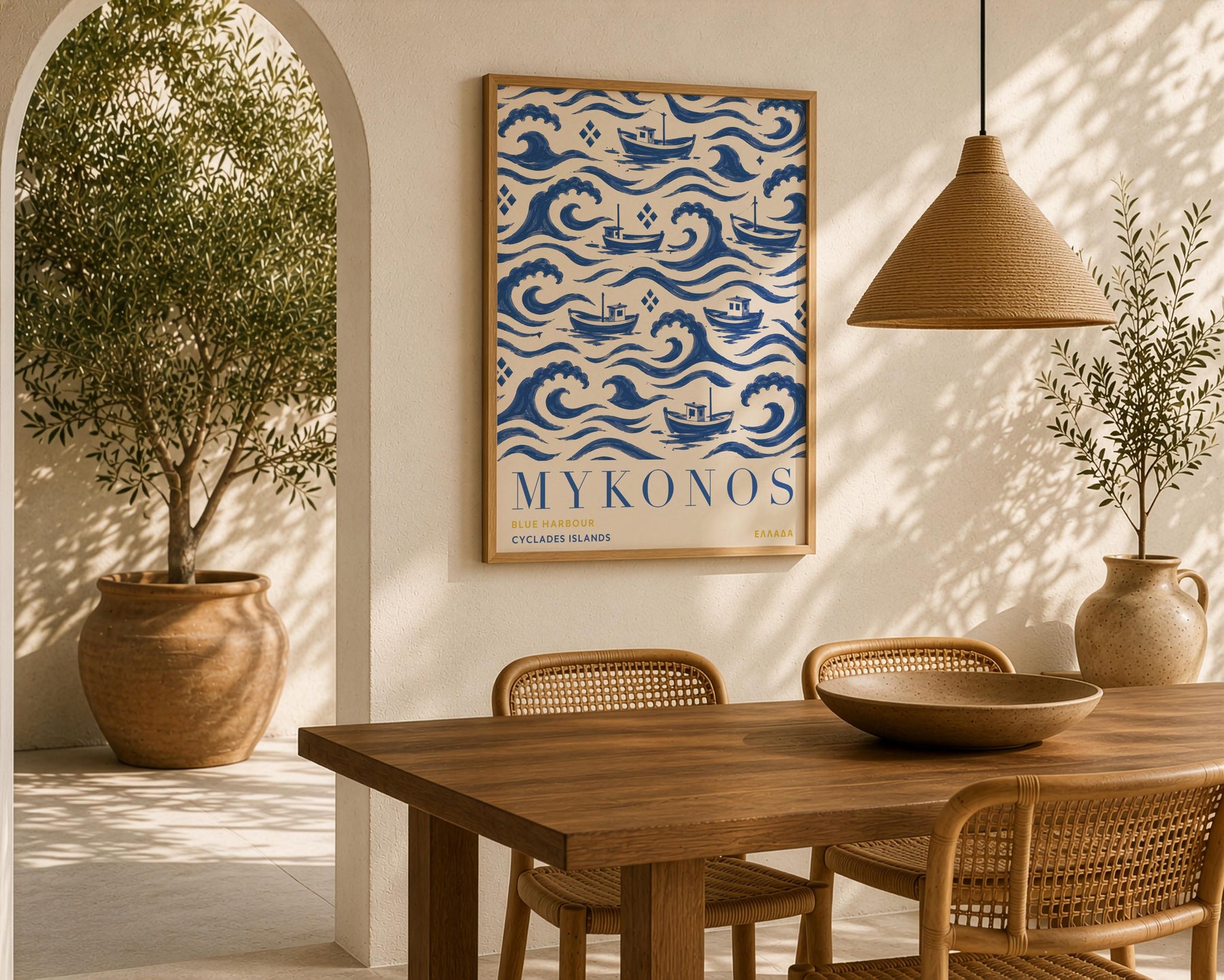Mykonos Print | Hand-Painted Greek Island Travel Poster, Coastal Nautical Decor | Framed or Unframed