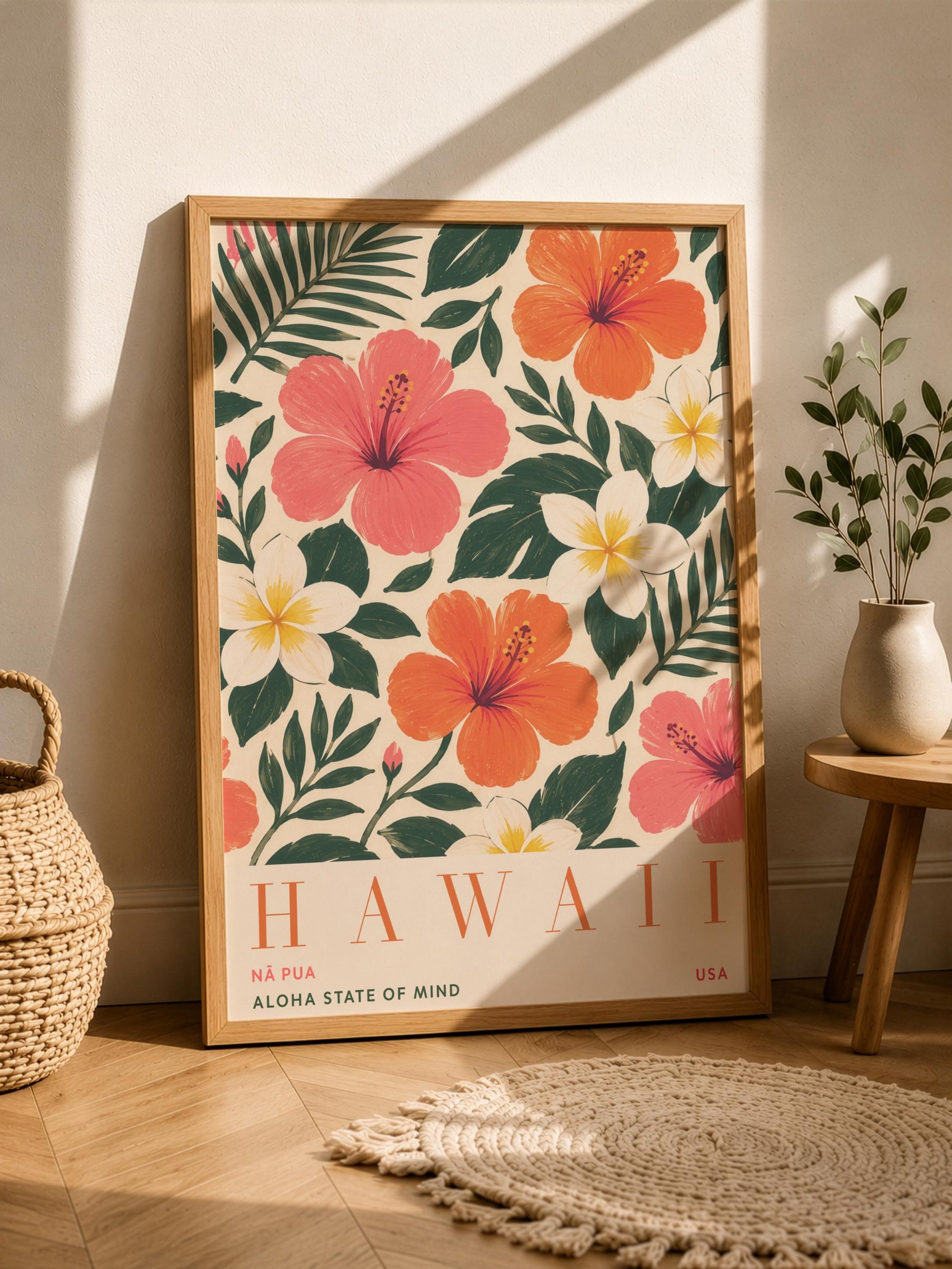 Hawaii Hibiscus Floral Travel Poster | Hand-Painted Tropical Aloha Decor | Framed or Unframed