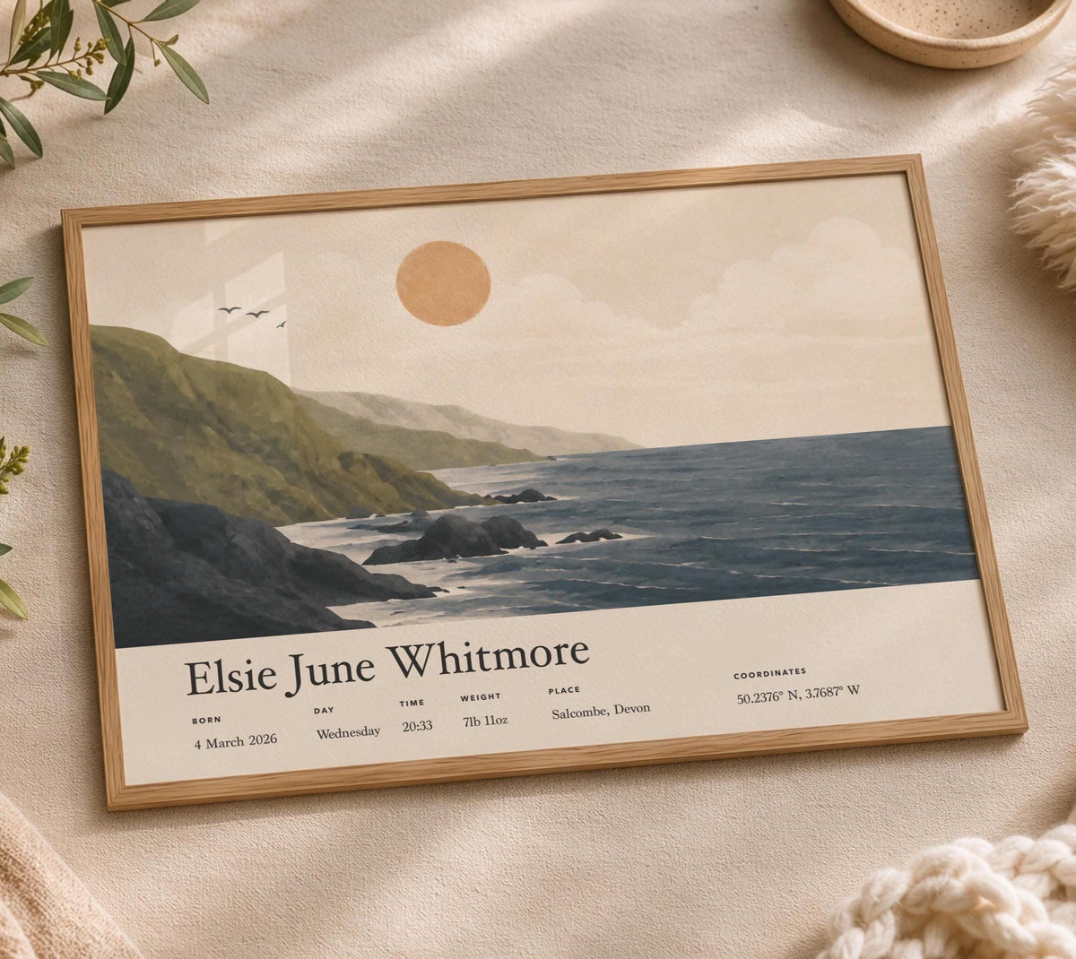 Personalised Birth Story Landscape Print | Coastal Nursery Wall Art | Framed or Unframed