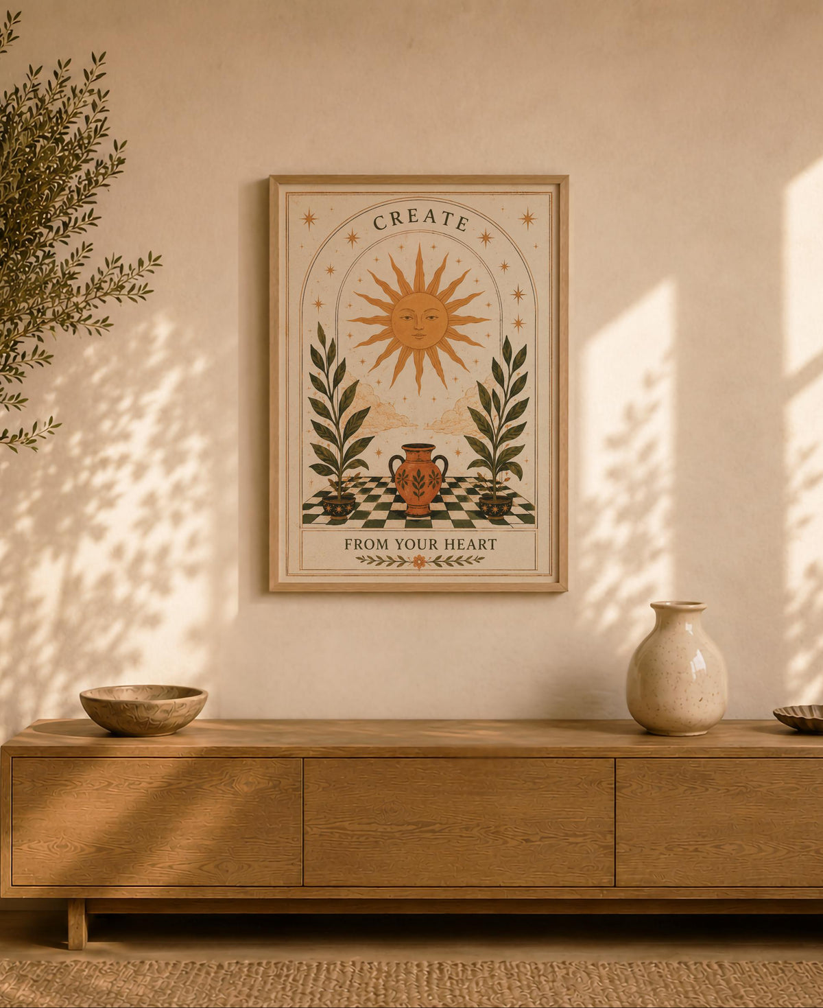 Create From Your Heart Sun Print | Inspirational Celestial Wall Art, Folk Sun Illustration, Framed or Unframed