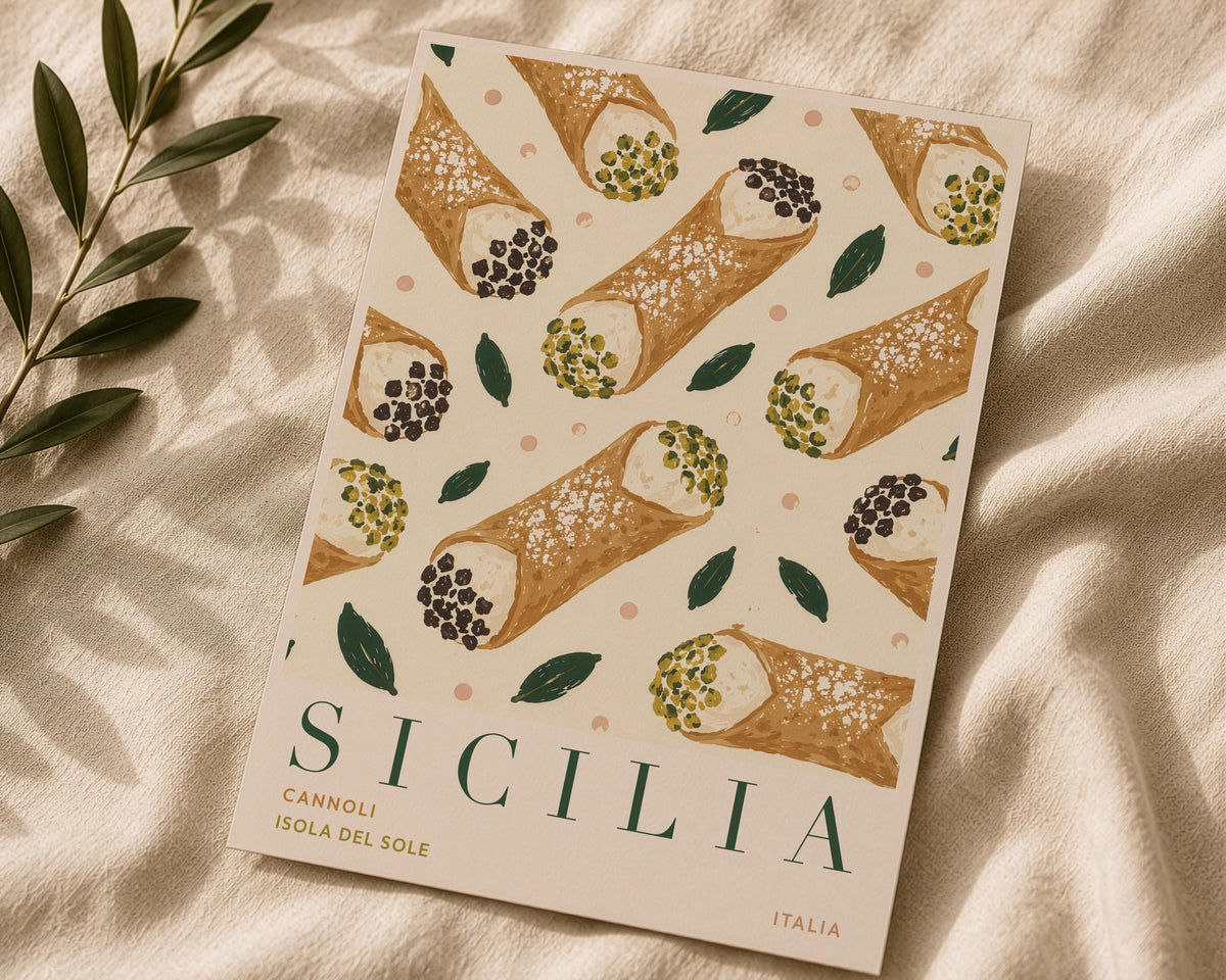 Sicily Cannoli Print | Hand-Painted Italian Food Travel Poster, Kitchen Decor | Framed or Unframed