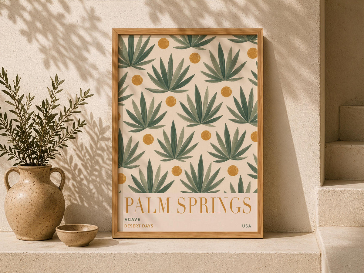 Palm Springs Agave Print | Mid-Century Hand-Painted Desert Botanical Wall Art | Framed or Unframed