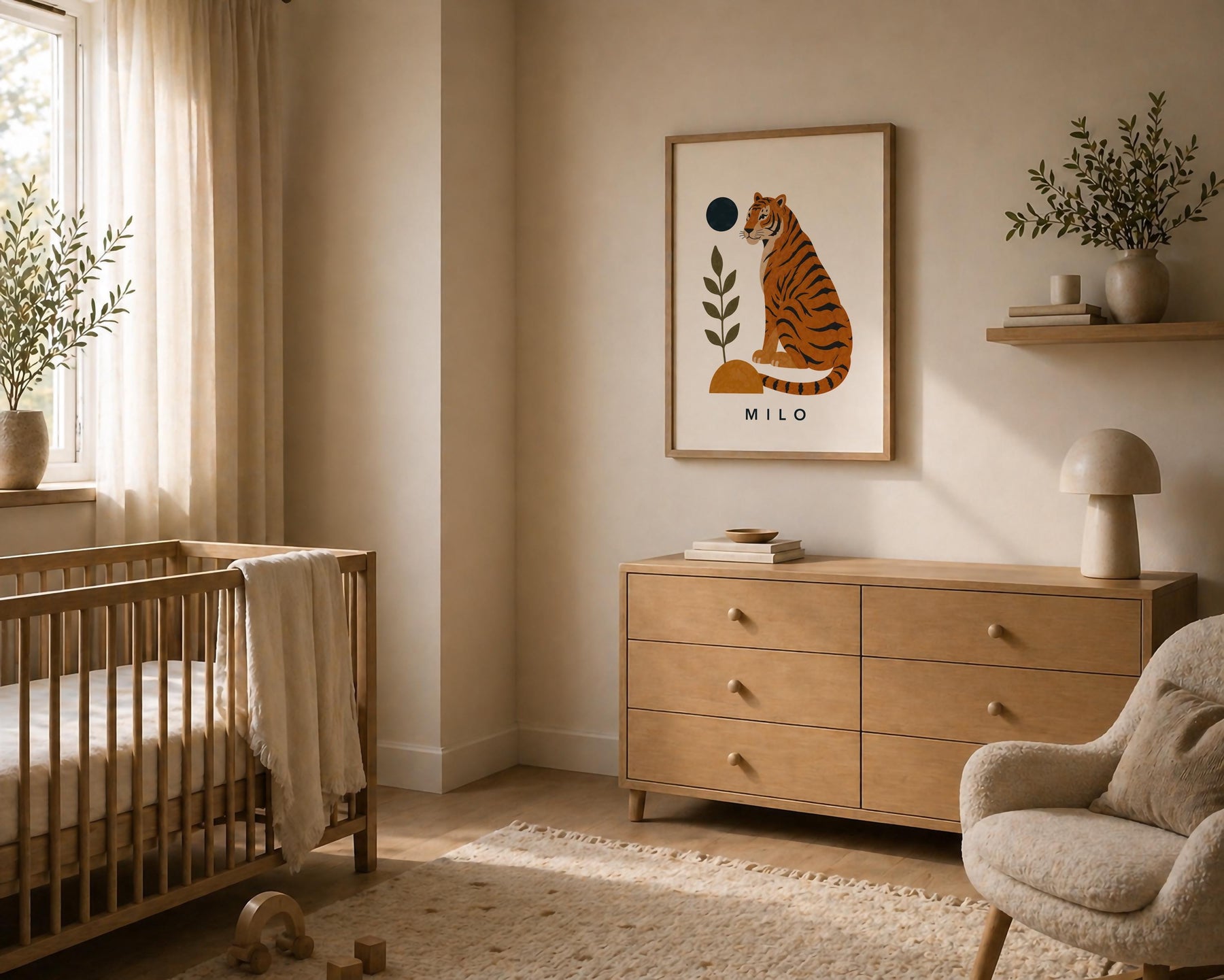 Personalised Tiger Nursery Print | Jungle Animal Illustrated Wall Art | Framed or Unframed