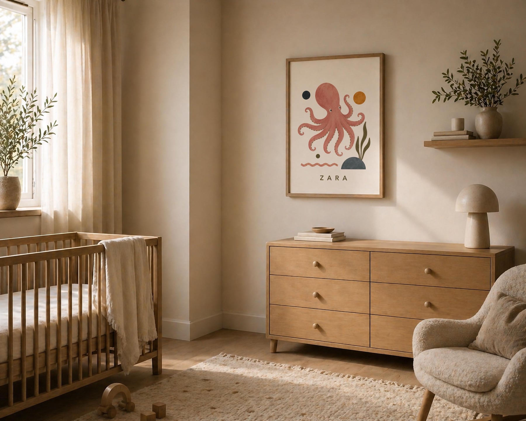 Personalised Octopus Nursery Print | Sea Life Animal Illustrated Wall Art | Framed or Unframed