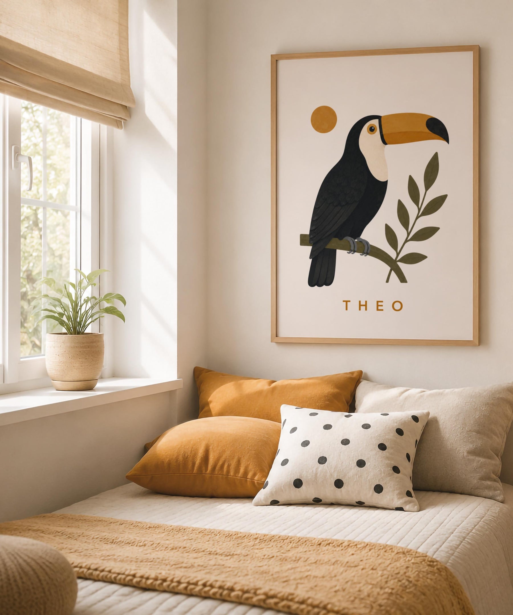 Personalised Toucan Nursery Print, Modern Playroom Tropical Bird Wall Art, Framed or Unframed Poster