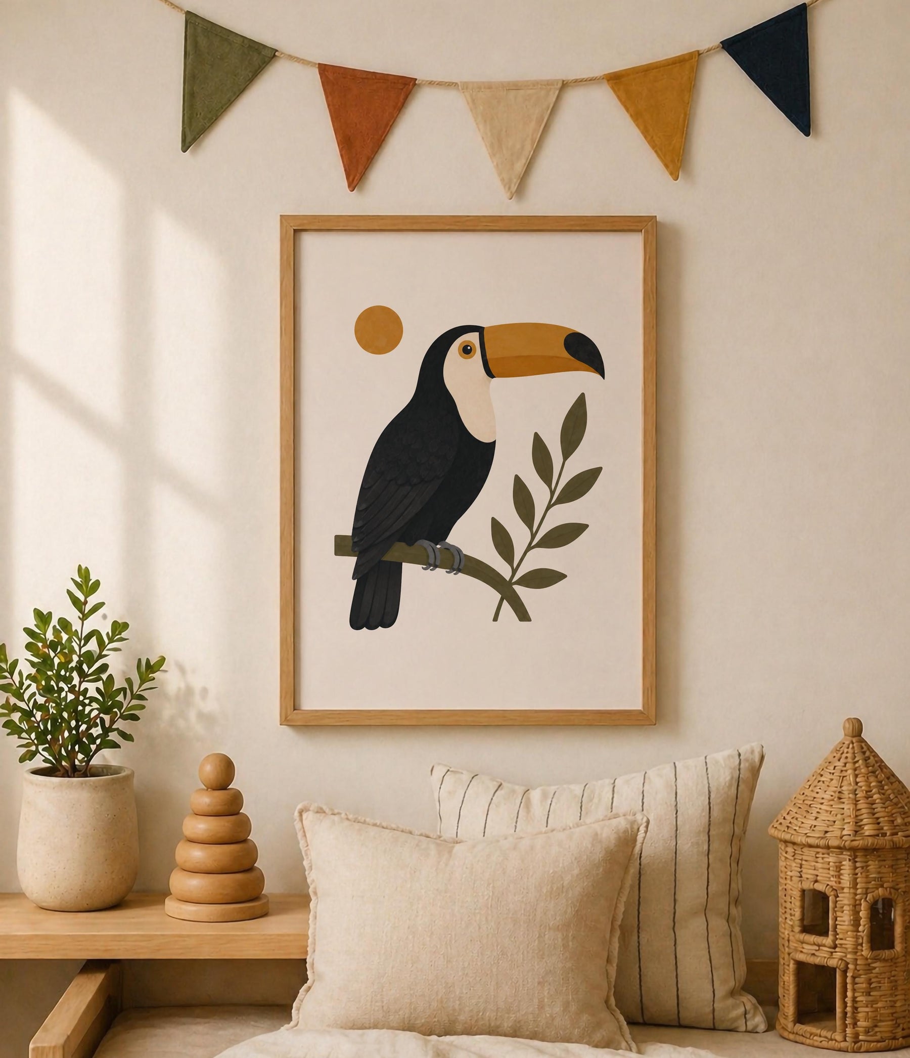Personalised Toucan Nursery Print, Modern Playroom Tropical Bird Wall Art, Framed or Unframed Poster