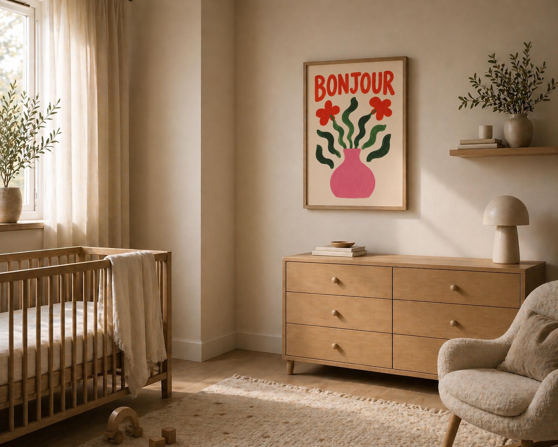 Bonjour Floral Art Print | Hand-Painted Botanical Flower Vase Wall Art | Framed or Unframed
