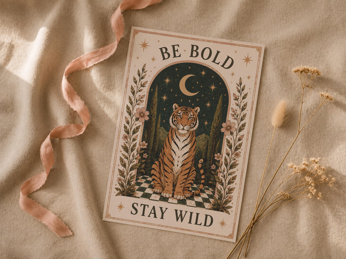 Tiger Folk Art Print | Inspirational Moonlit Landscape Wall Decor | Framed or Unframed