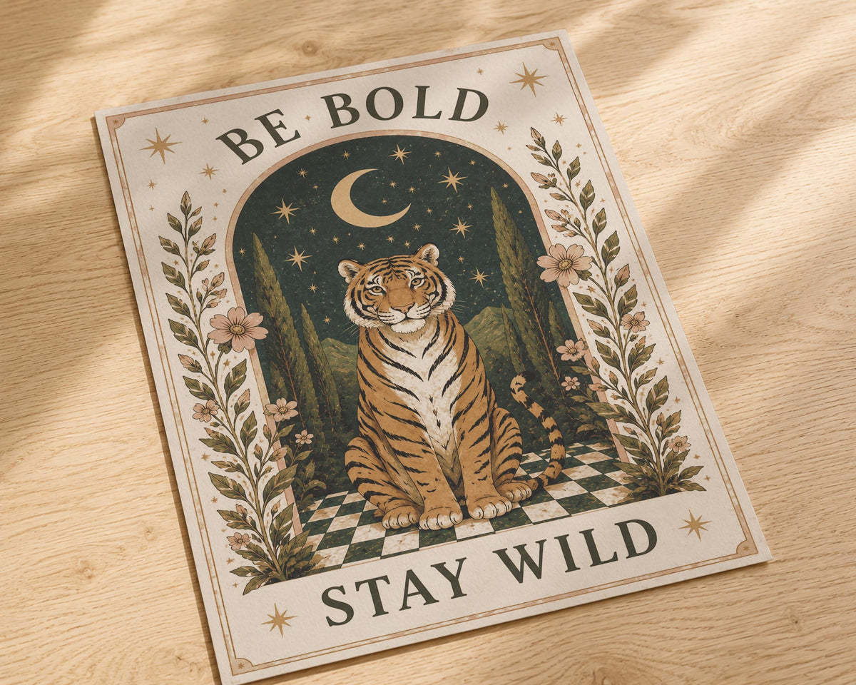 Tiger Folk Art Print | Inspirational Moonlit Landscape Wall Decor | Framed or Unframed
