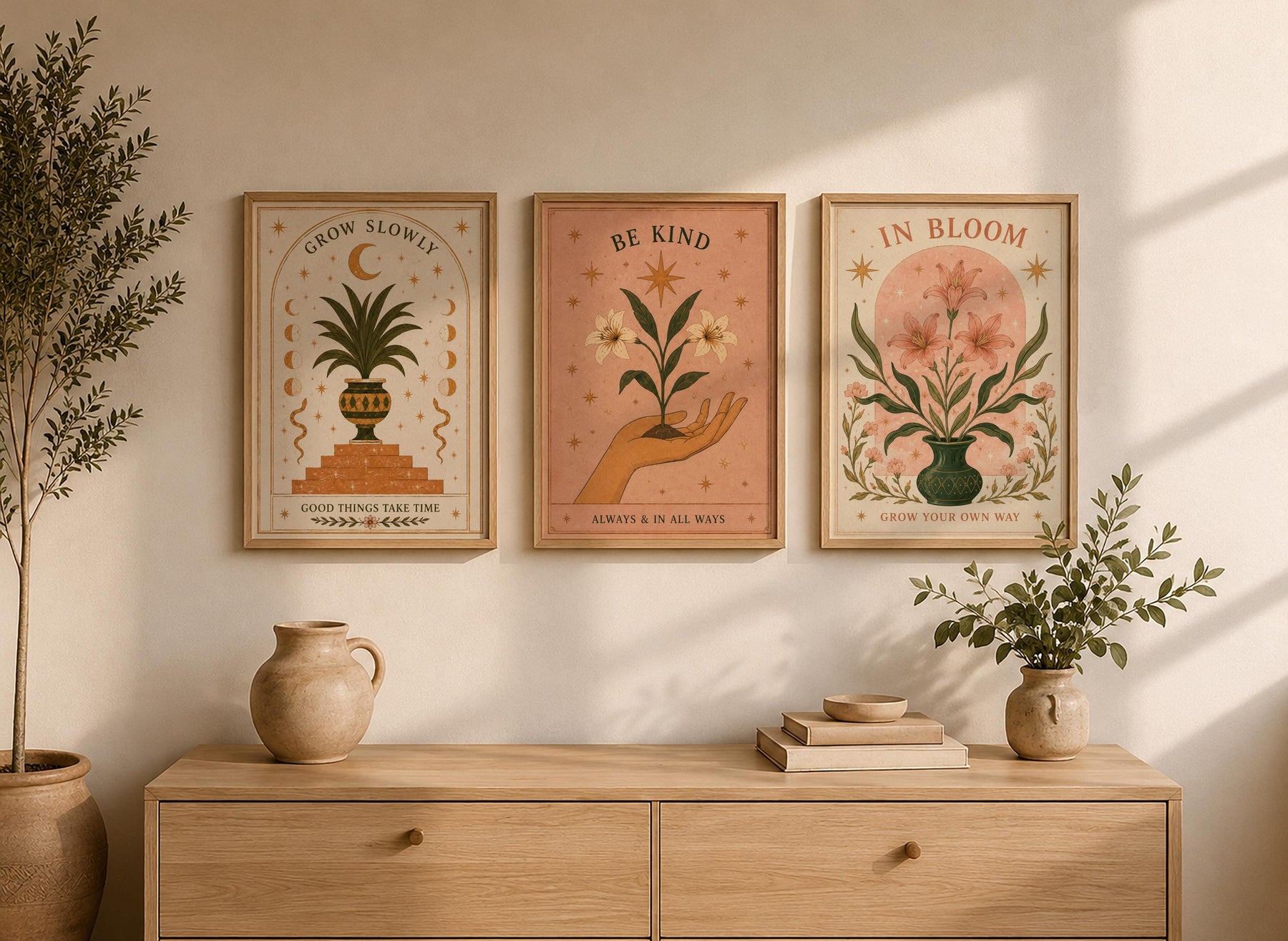 Be Kind Print | Inspirational Hand-Painted Floral Artwork, Celestial Folk Art | Framed or Unframed